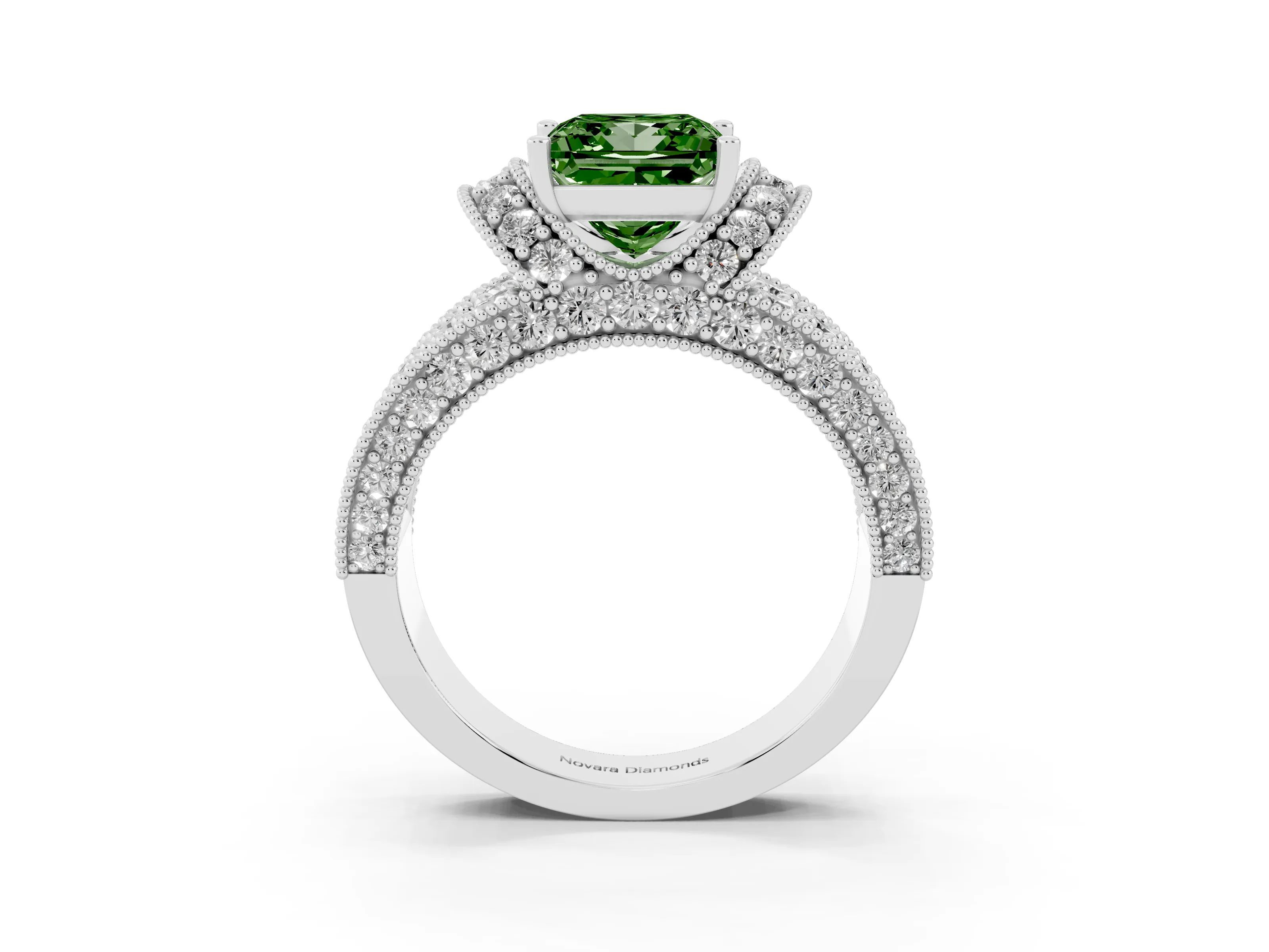 Fancy Green Princess Cut Diamond Milgrain Halo Pavé Engagement Ring Set in White gold with Prong Setting
