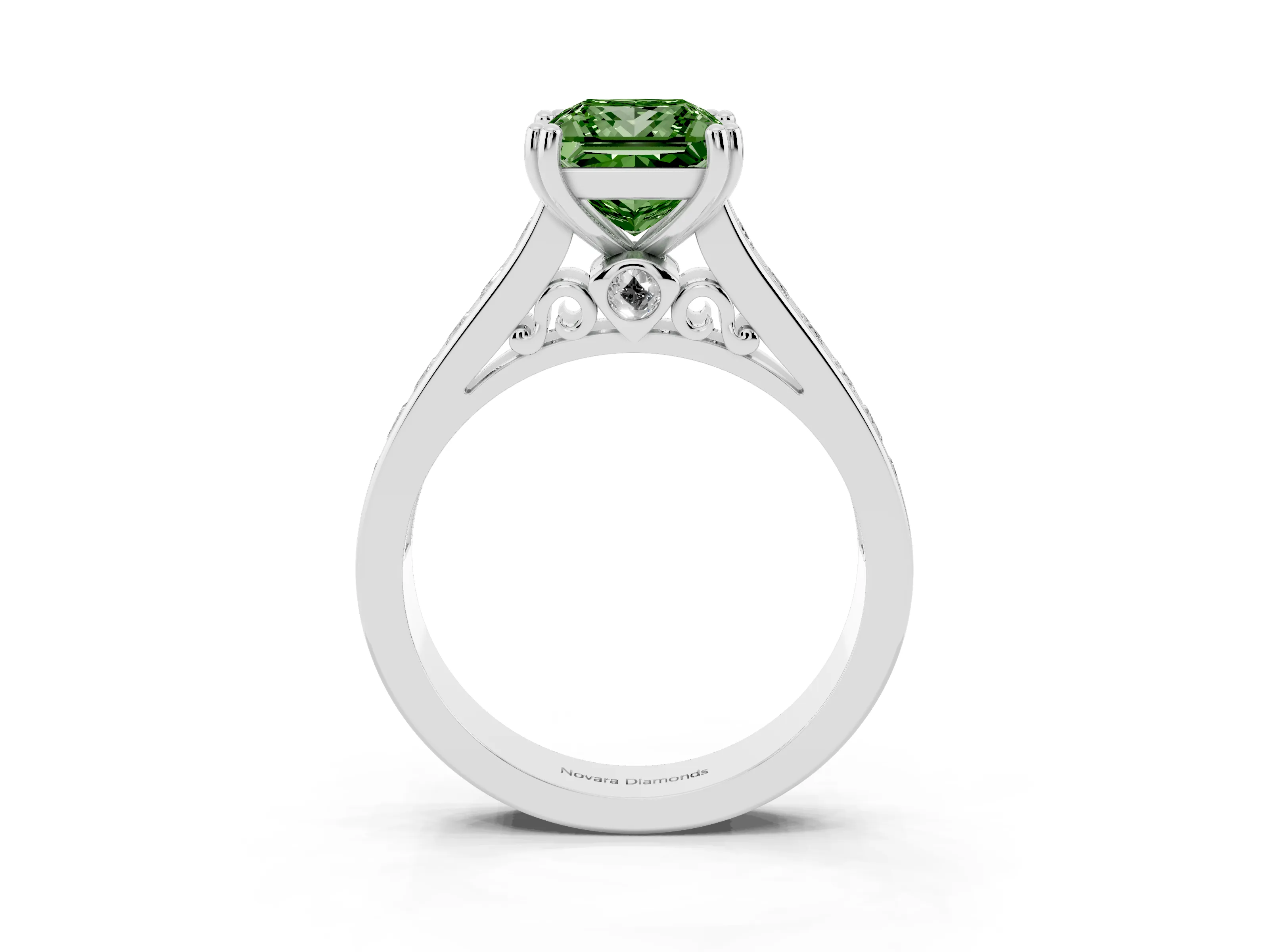 Fancy Green Princess Cut Diamond Channel Set Solitaire Engagement Ring Set in Silver with Prong Setting