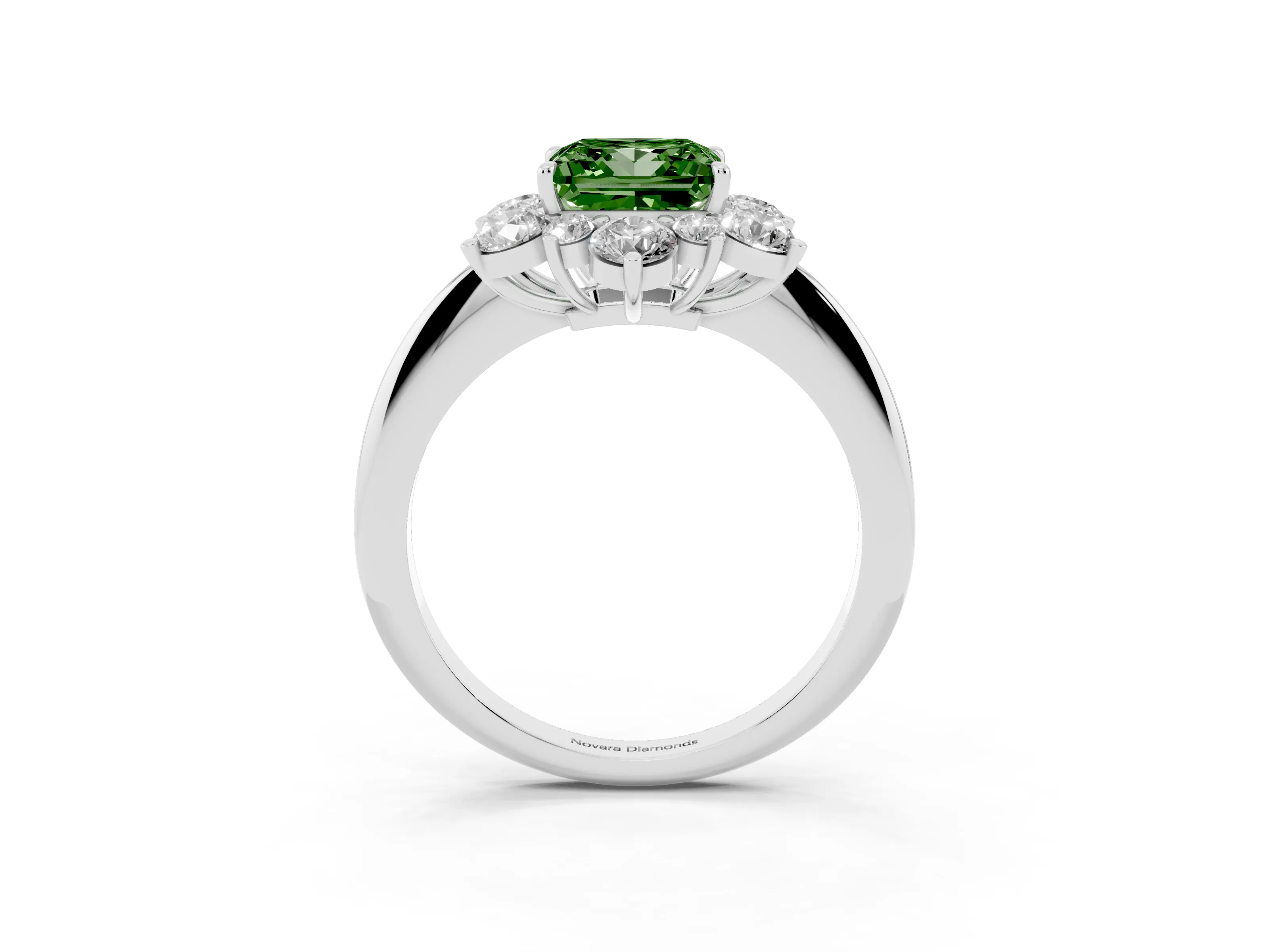 Fancy Green Princess Cut Diamond Cluster Halo Ring Set in Silver with Solitaire Band and Prong Setting