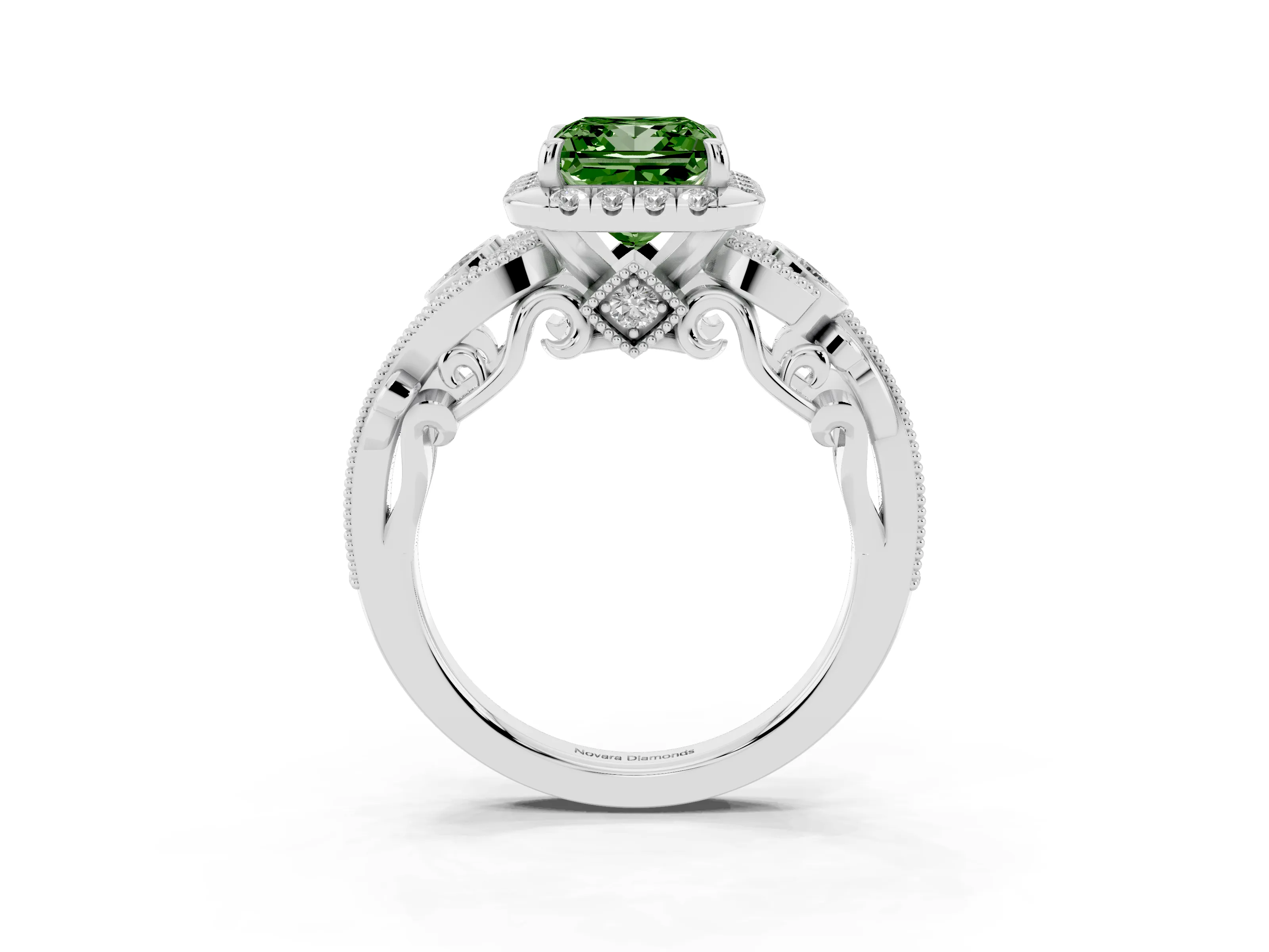 Fancy Green Princess Cut Diamond Halo Ring Set in Platinum with Milgrain Pavé Band and Prong Setting