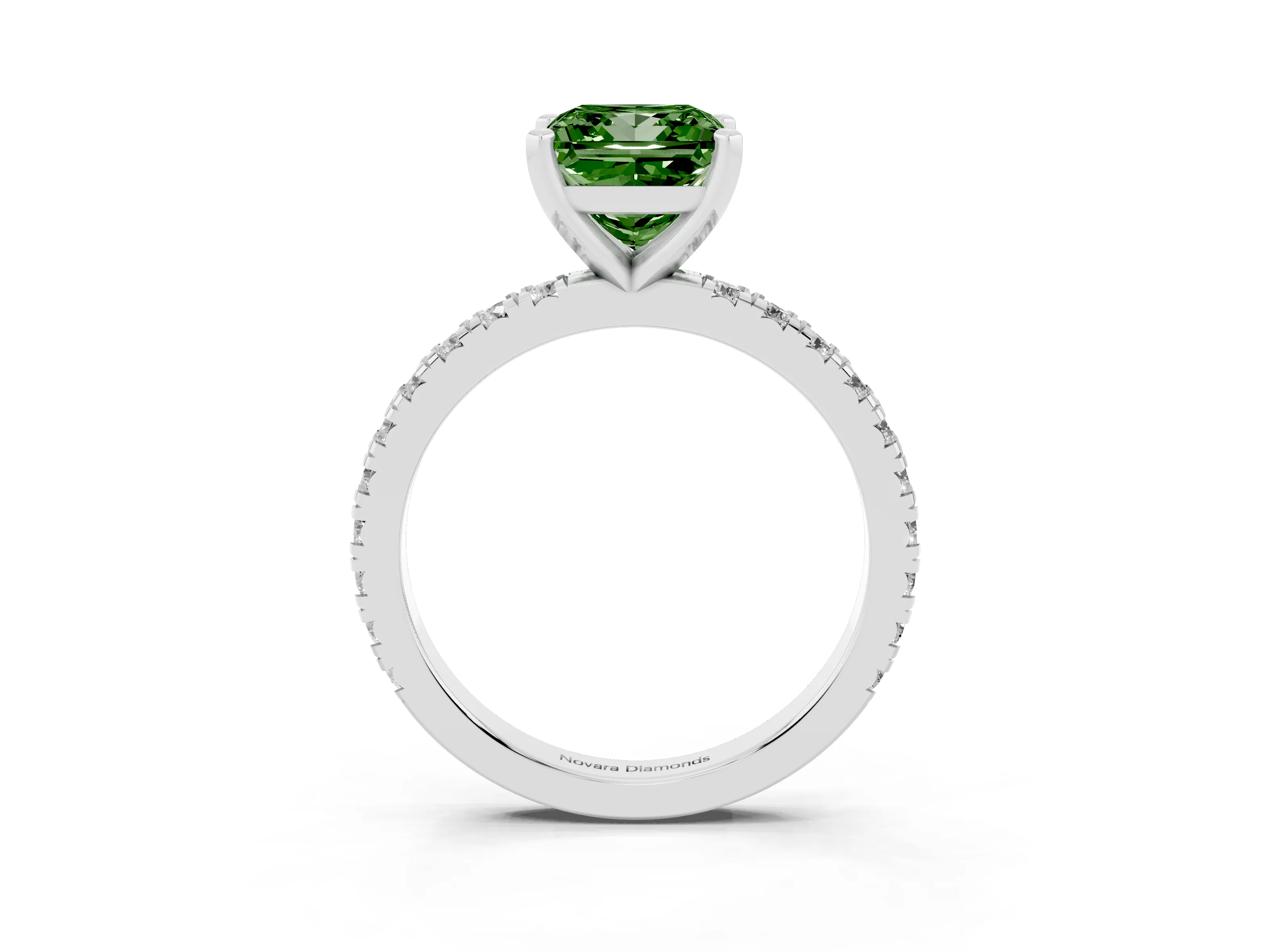 Fancy Green Princess Cut Diamond Pavé Band Solitaire Set in White gold with Prong Setting