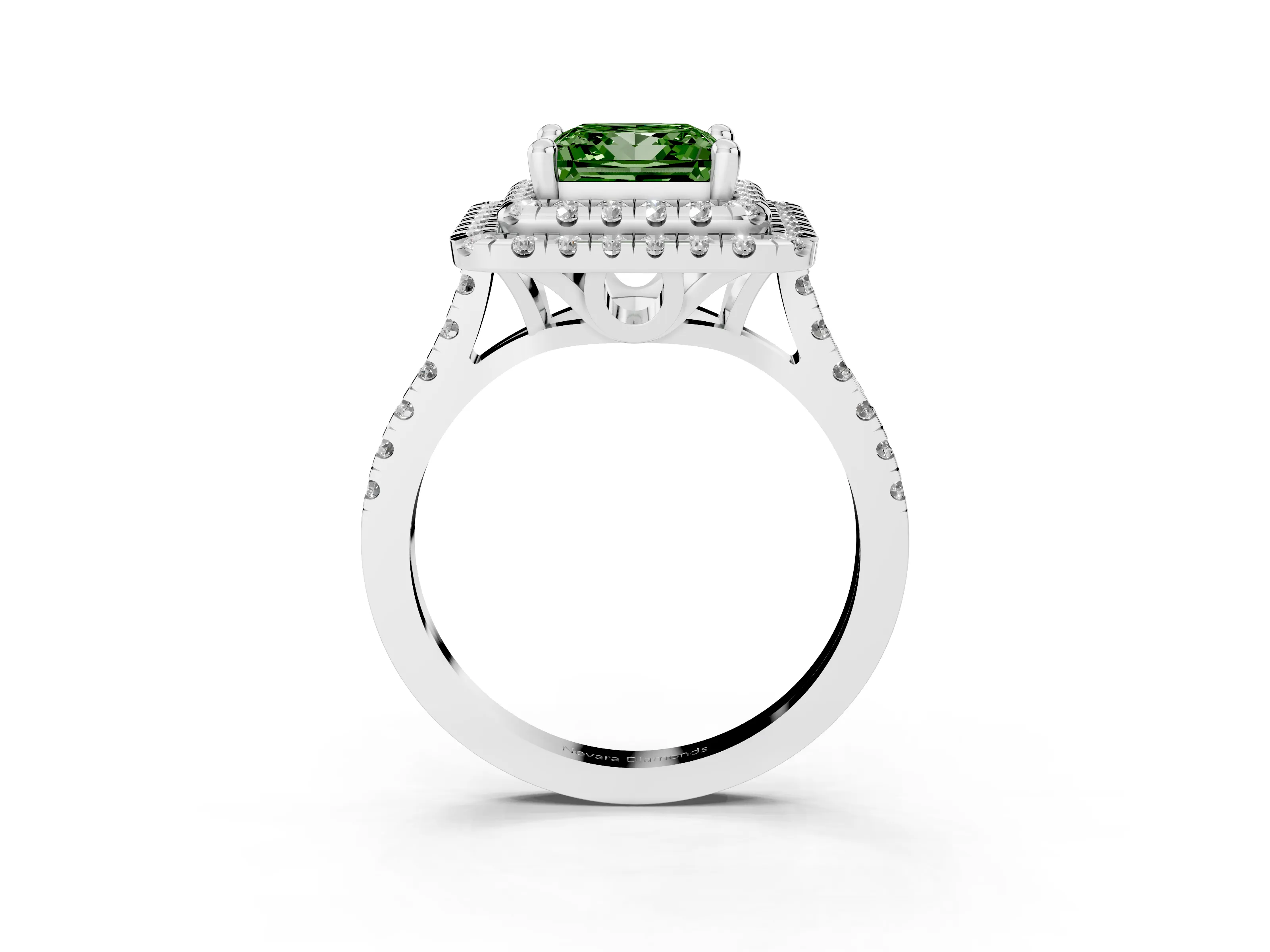 Fancy Green Princess Cut Diamond Double Halo Statement Ring Set in White gold with Pavé Band