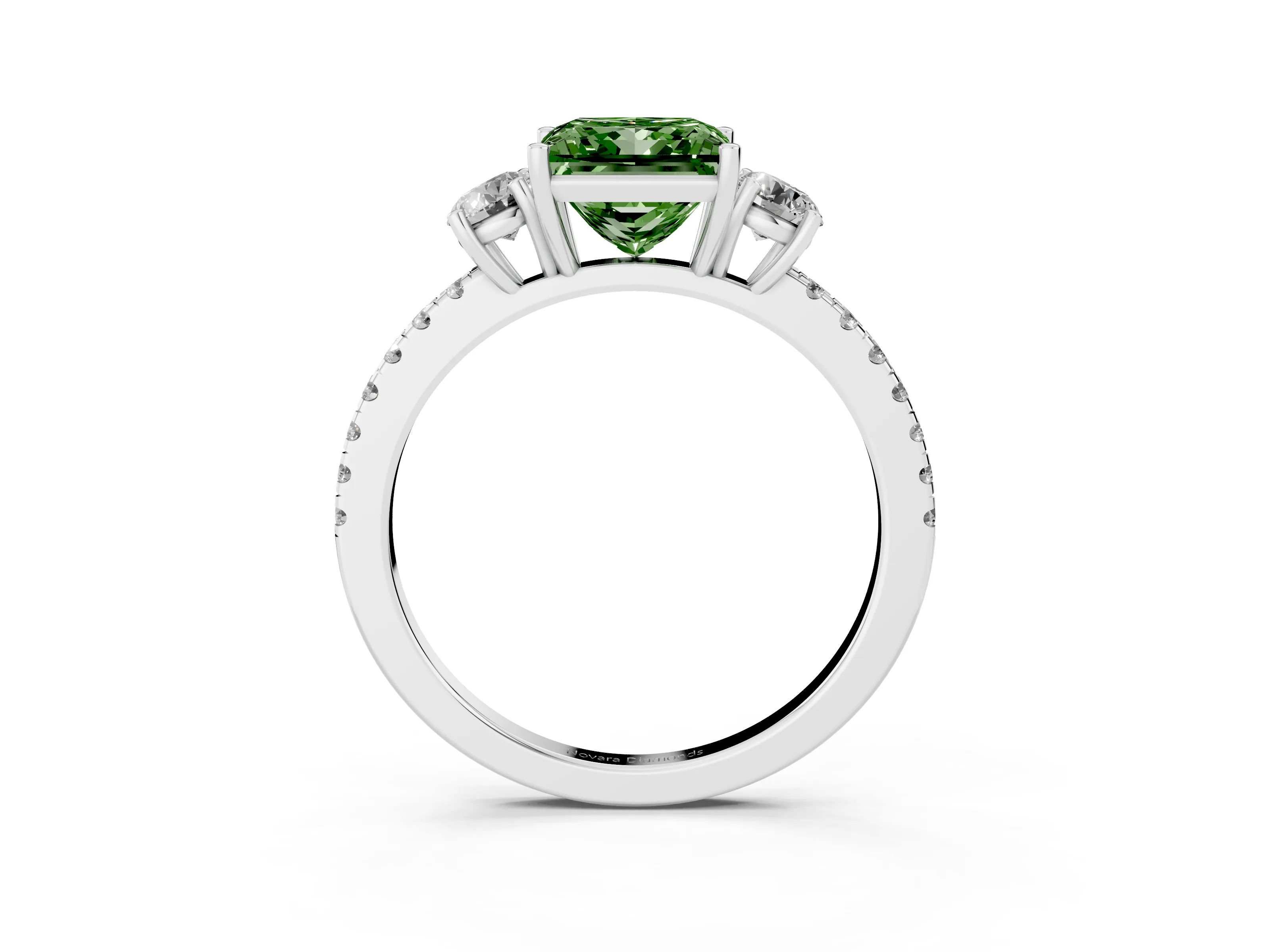 Fancy Green Princess Cut Diamond Three-Stone Ring Set in White gold with Pavé Band and Graduated Sides