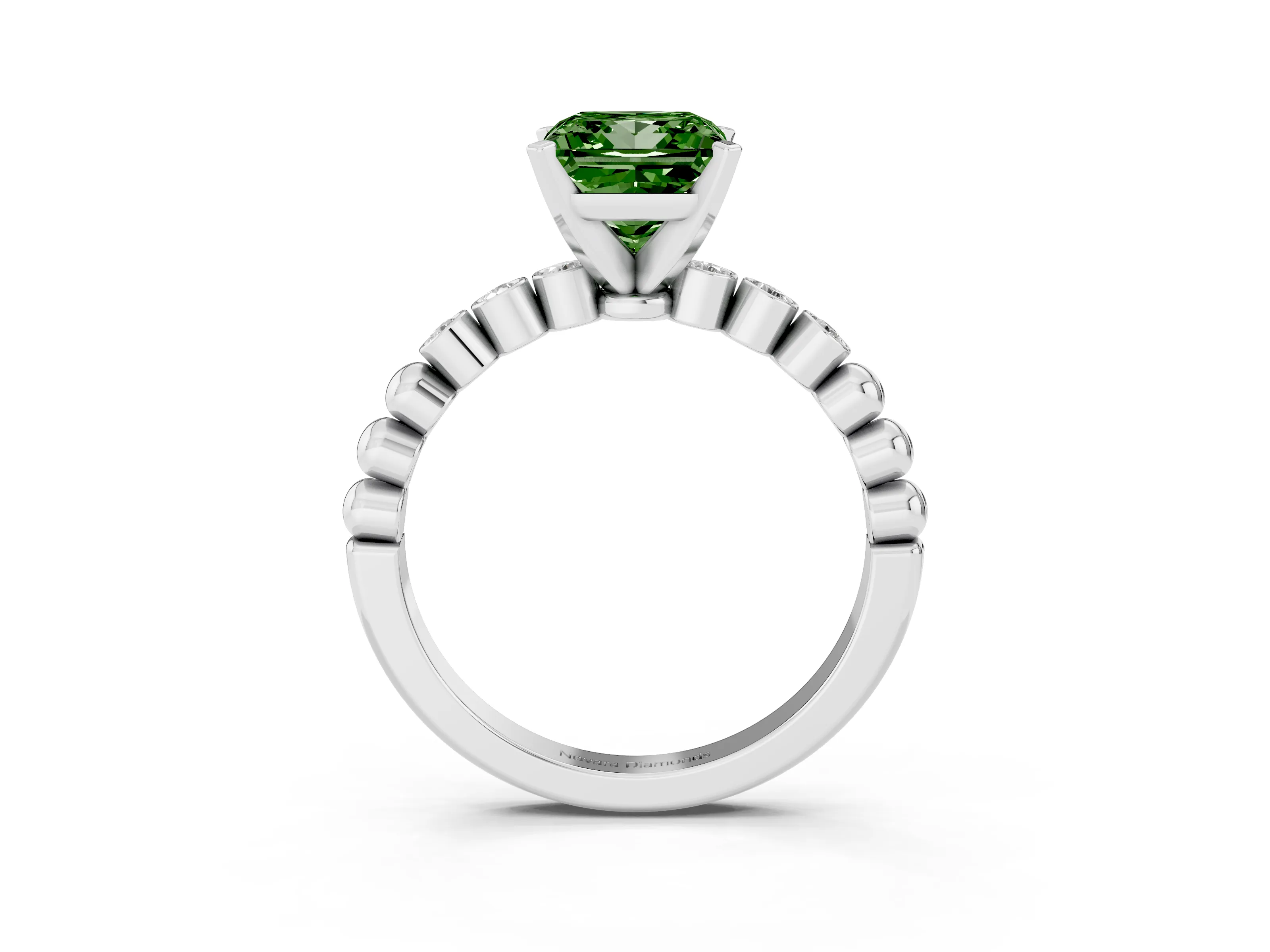 Fancy Green Princess Cut Diamond Solitaire Engagement Ring Set in Silver with Bezel Accents on Beaded Band