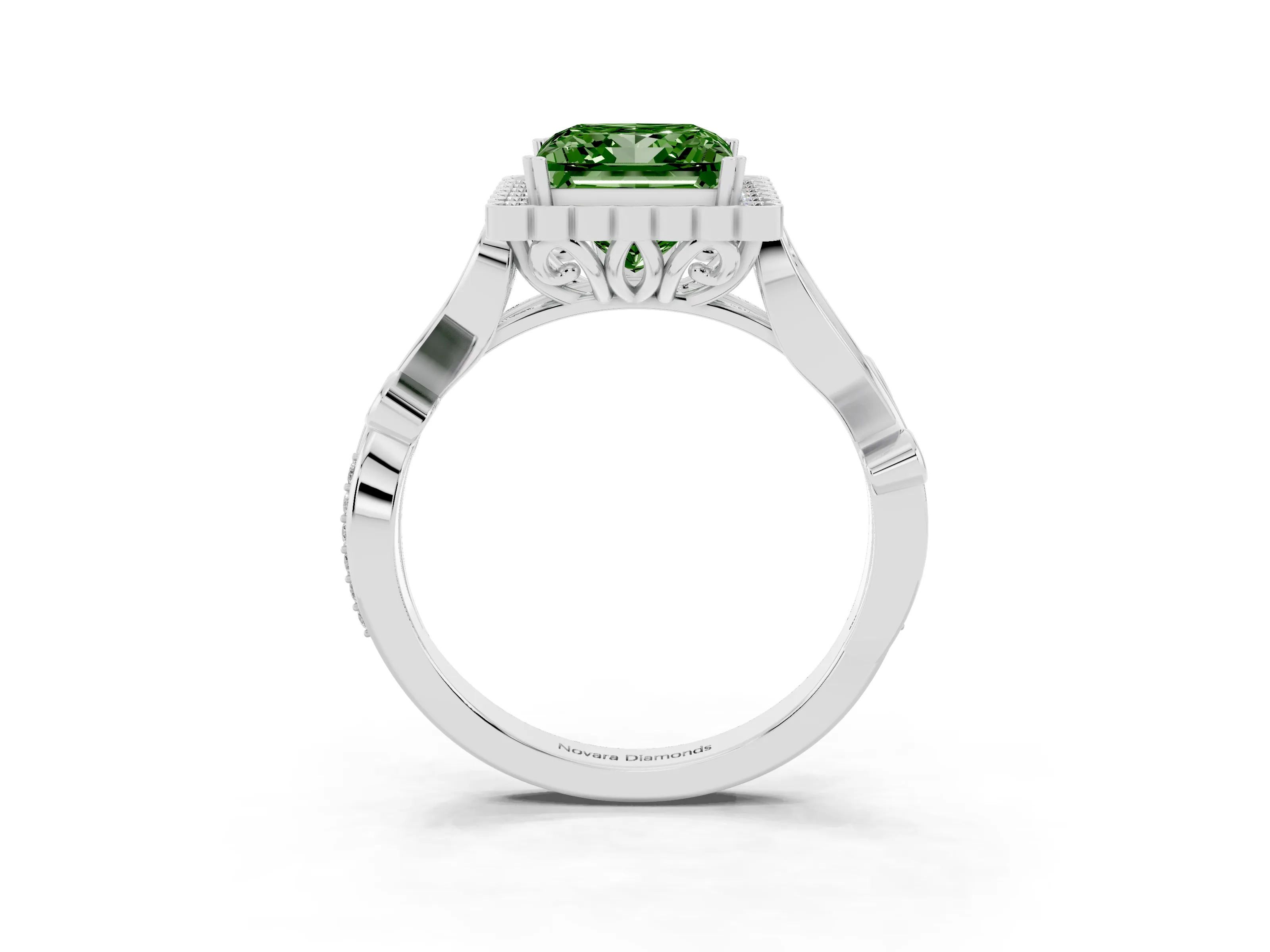 Fancy Green Princess Cut Diamond Halo Ring Set in White gold with Leaf Motif Split Shank and Prong Setting