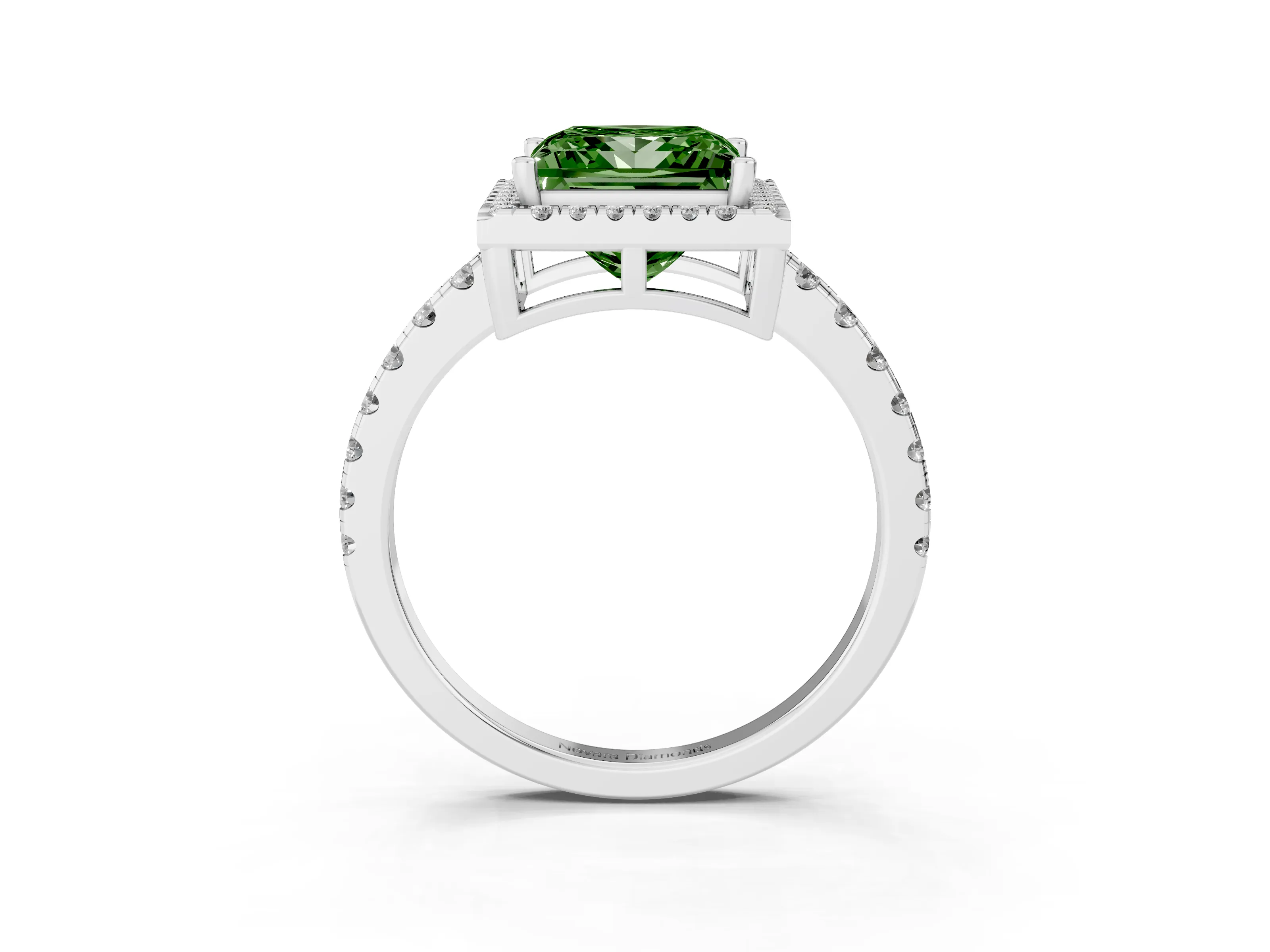 Fancy Green Princess Cut Diamond Halo Ring Set in Silver with Delicate Pavé Band and Prong Setting