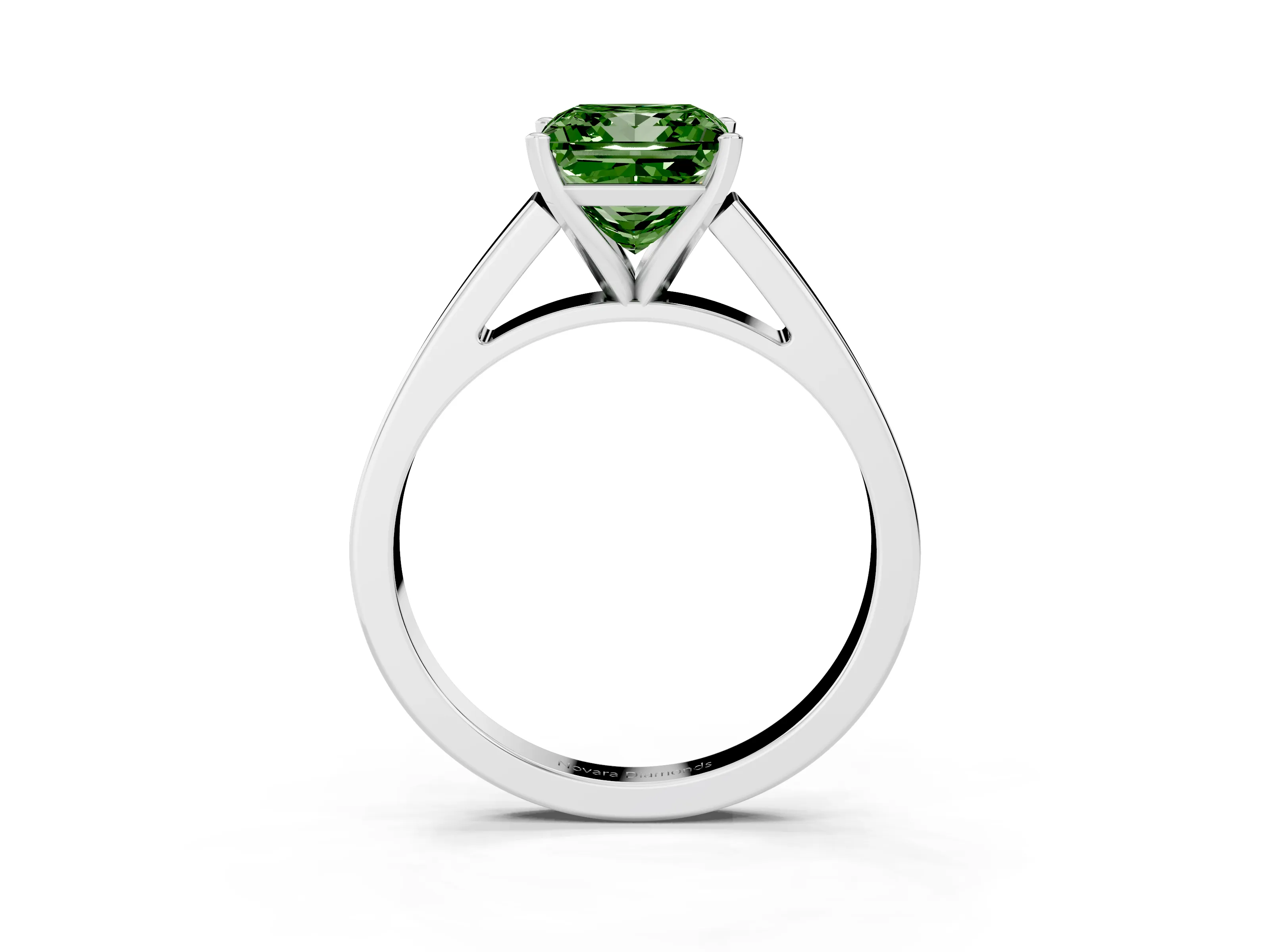 Fancy Green Princess Cut Diamond Solitaire Engagement Ring Set in White gold with Prong Setting and Tapered Band