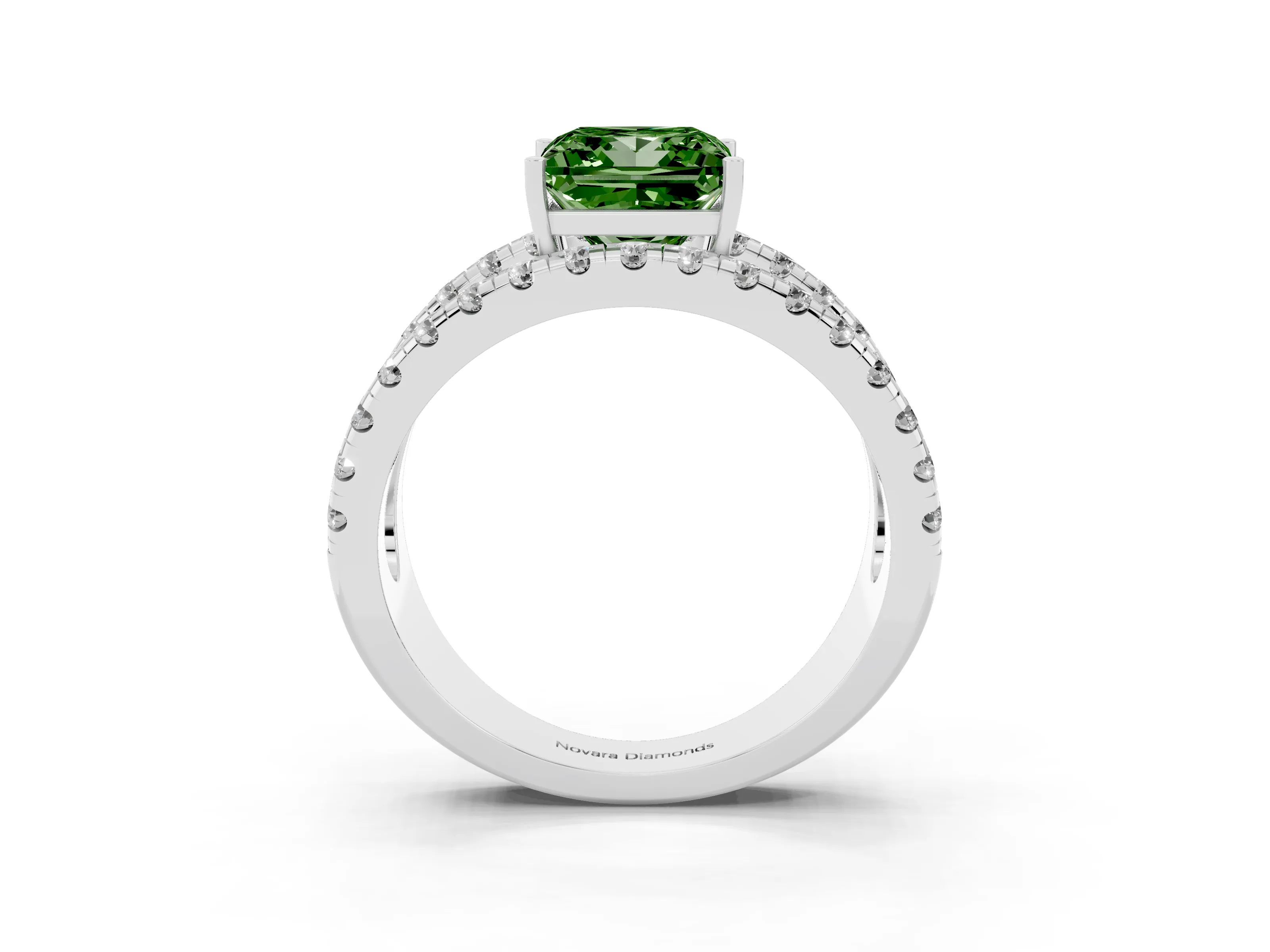 Fancy Green Princess Cut Diamond Split Shank Pavé Solitaire Ring Set in Platinum with Open Shank Design