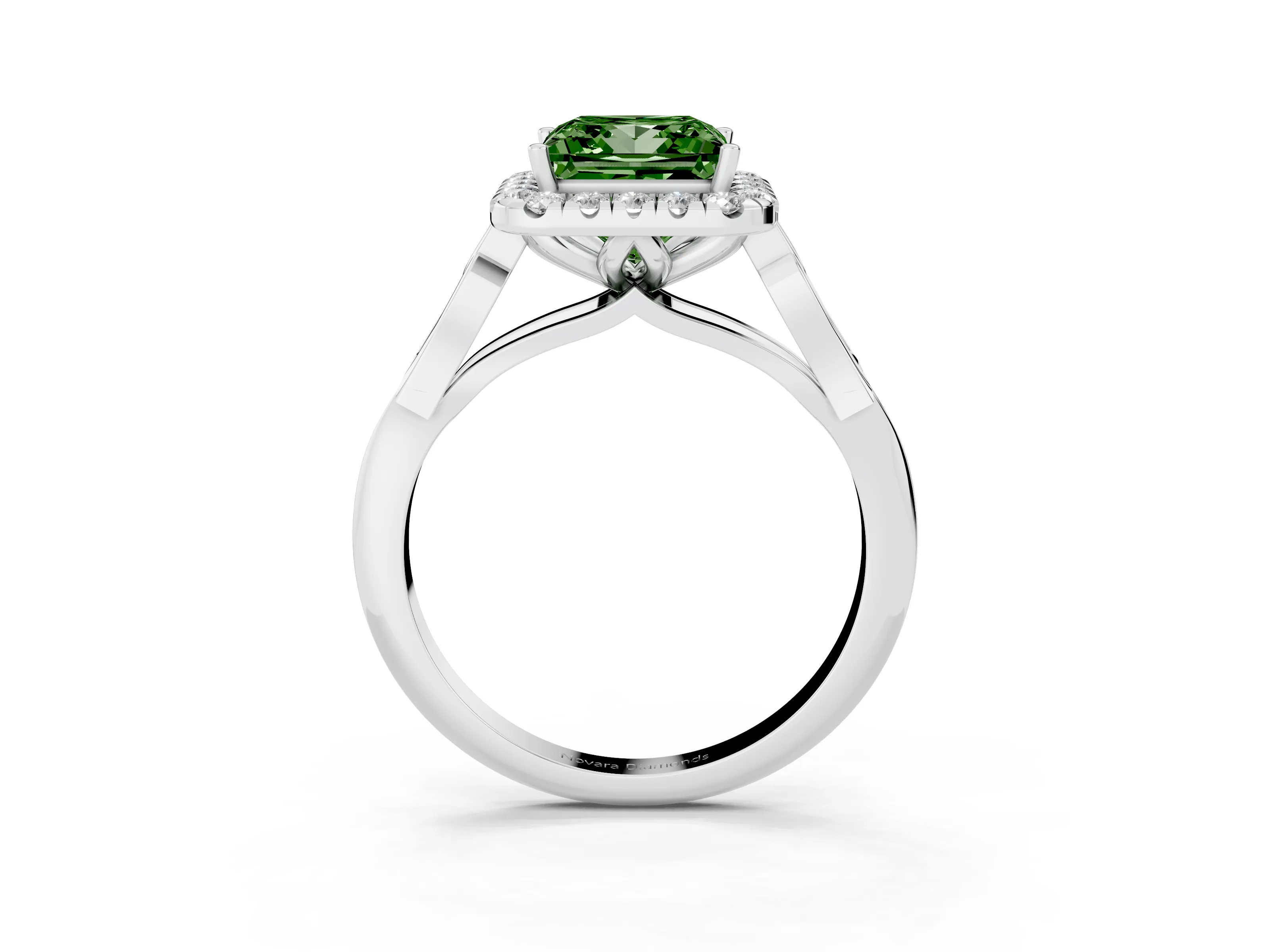 Fancy Green Princess Cut Diamond Halo Engagement Ring Set in White gold with Filigree Band and Prong-Set Center