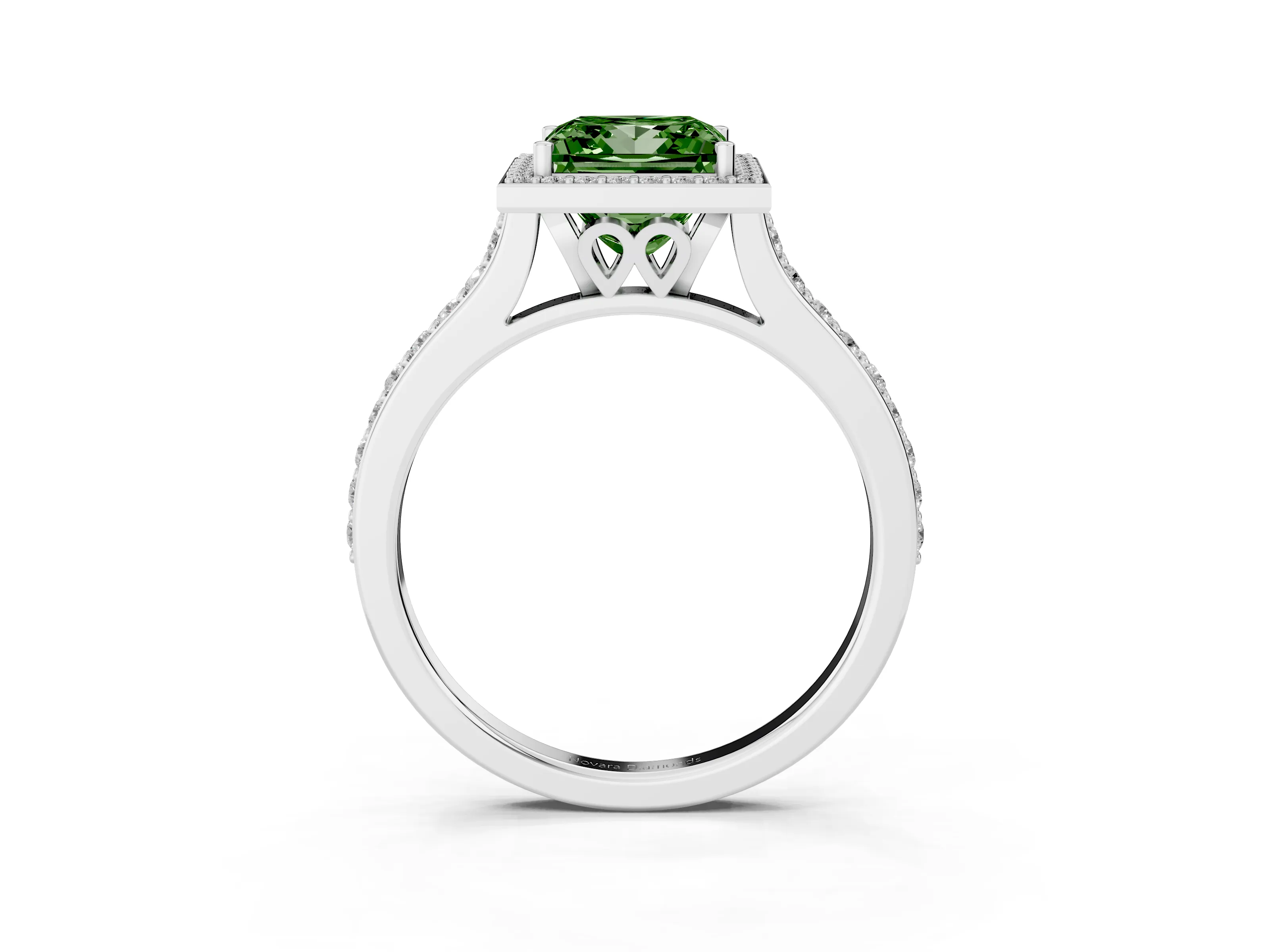 Fancy Green Princess Cut Diamond Halo Engagement Ring Set in Silver with Round Pavé Shoulders and Heart Gallery