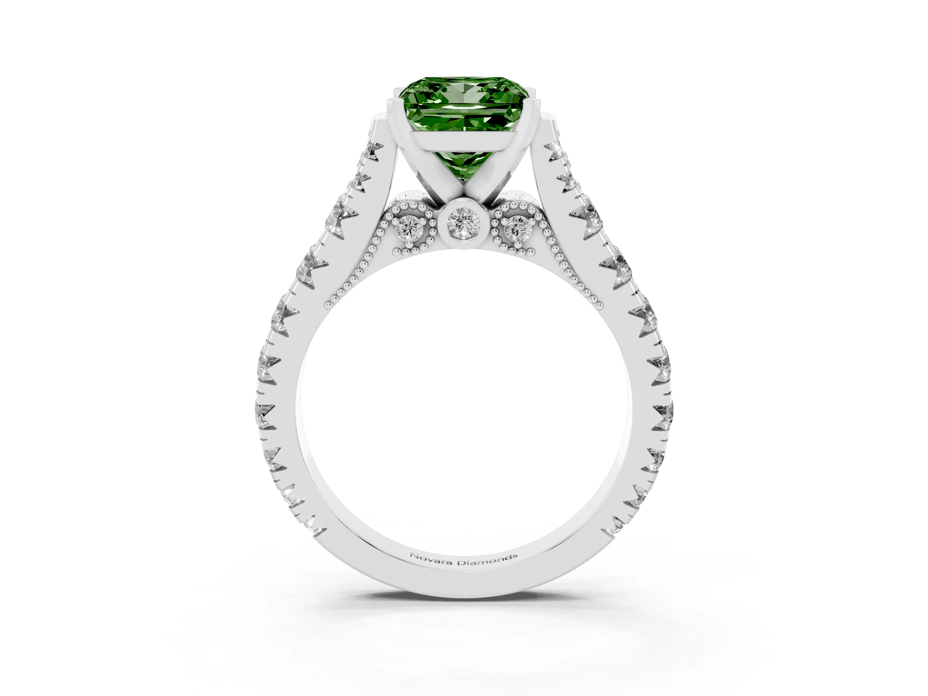 Fancy Green Princess Cut Diamond Classic Solitaire Ring Set in Silver with Pavé Band and Prong Setting