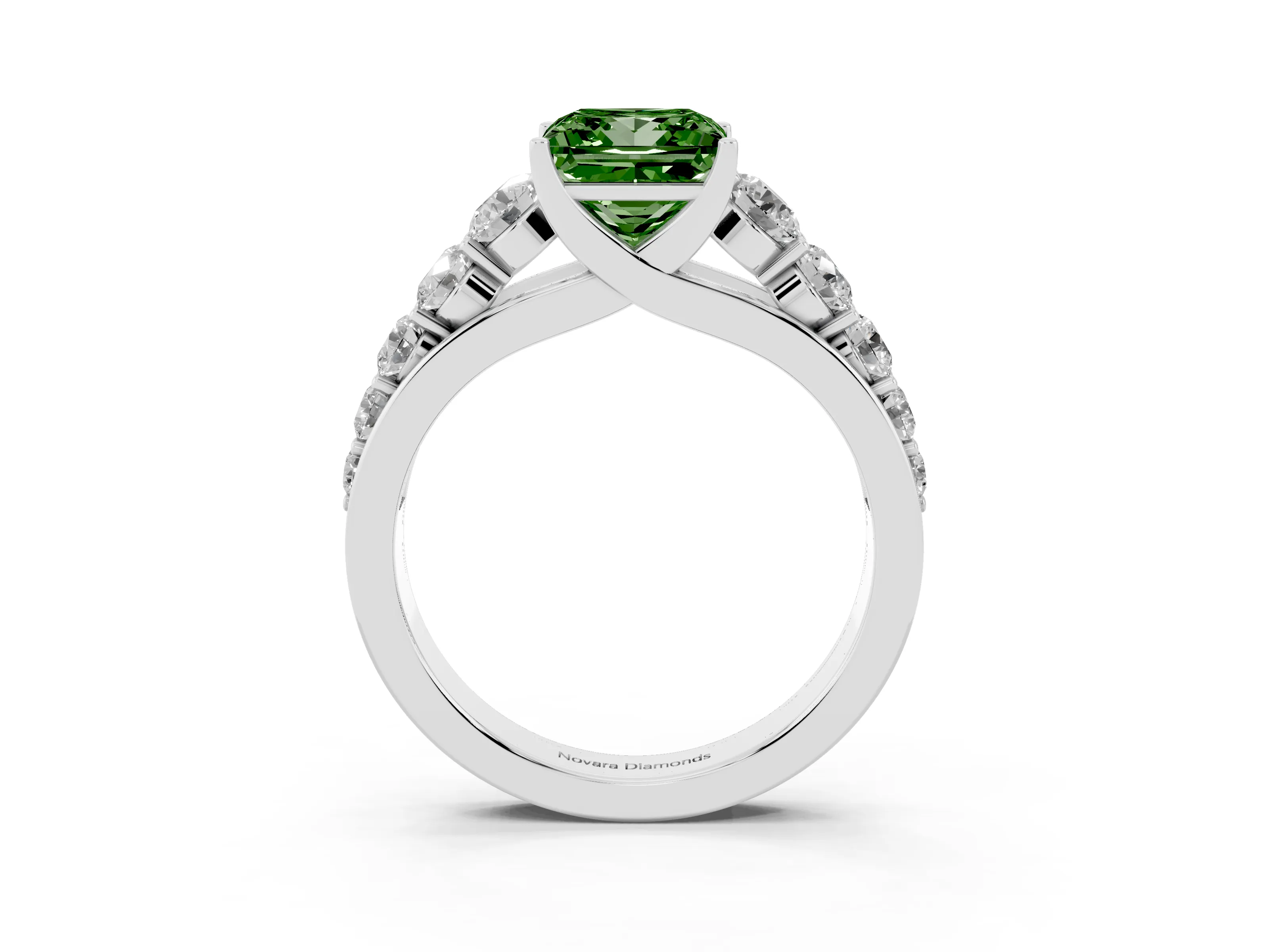 Fancy Green Princess Cut Diamond Solitaire Ring Set in Platinum with Pavé-Set Band and Prong Setting