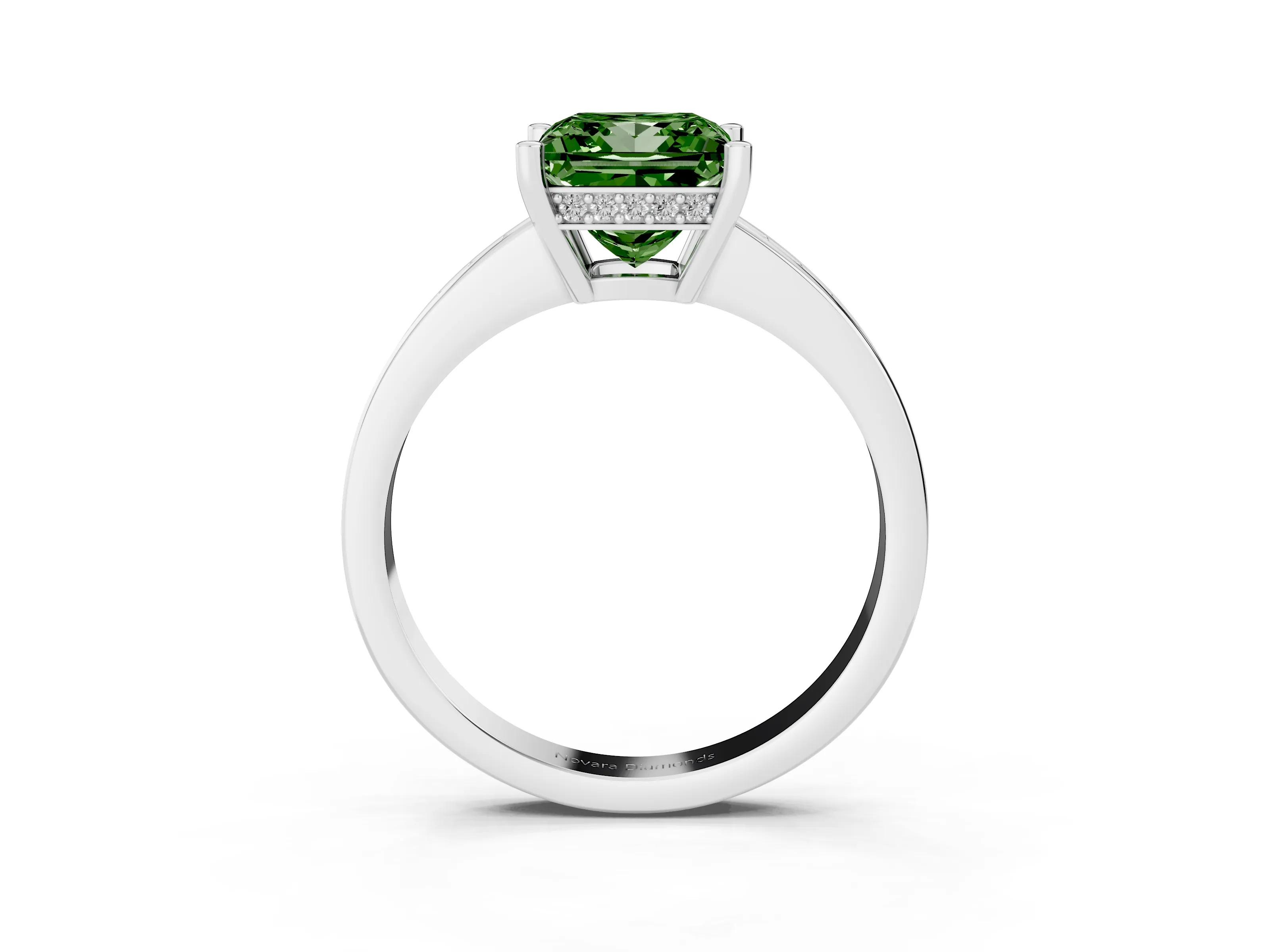 Fancy Green Princess Cut Diamond Pavé Band Prong Set Solitaire Ring Set in Silver
