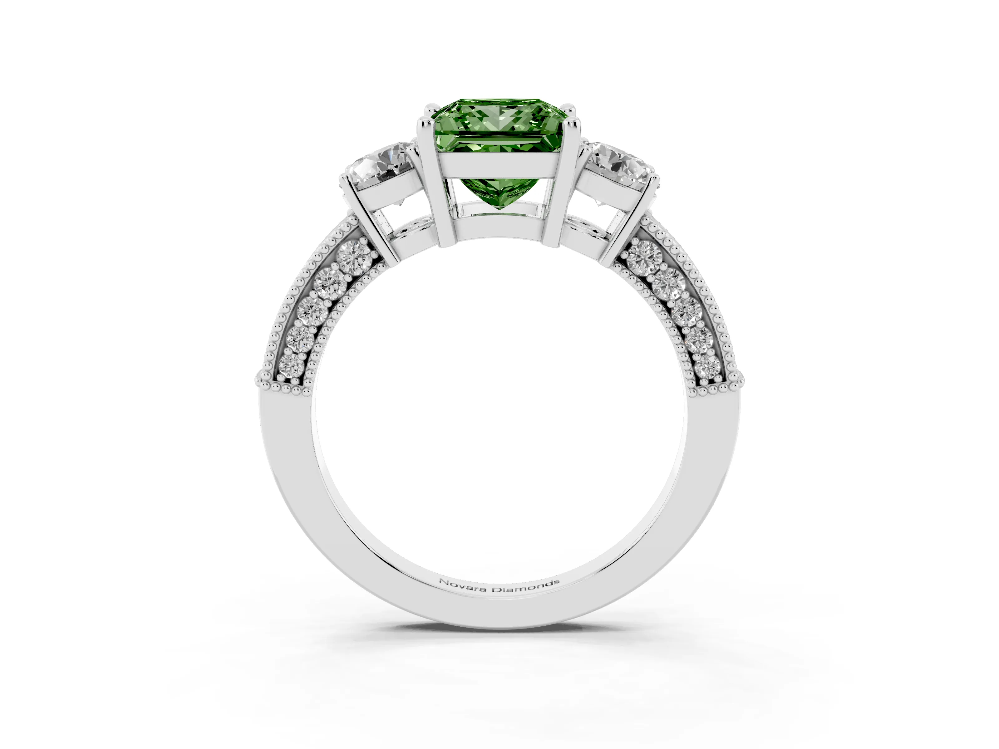 Fancy Green Princess Cut Diamond Three-Stone Ring Set in Platinum with Round Side Stones and Pavé Band