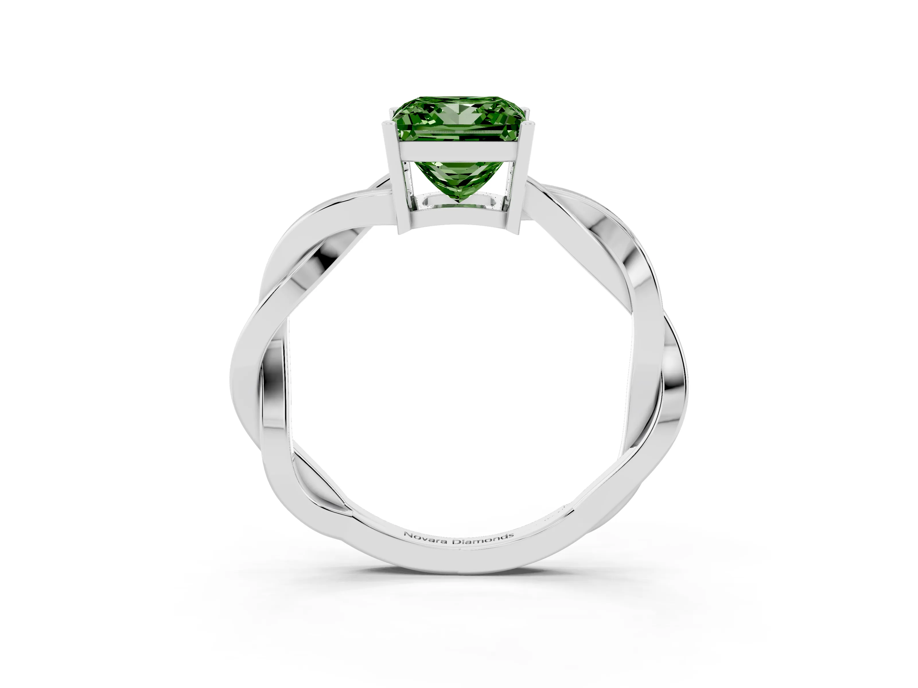 Fancy Green Princess Cut Diamond Solitaire Twisted Pavé Ring Set in Silver with Prong Setting