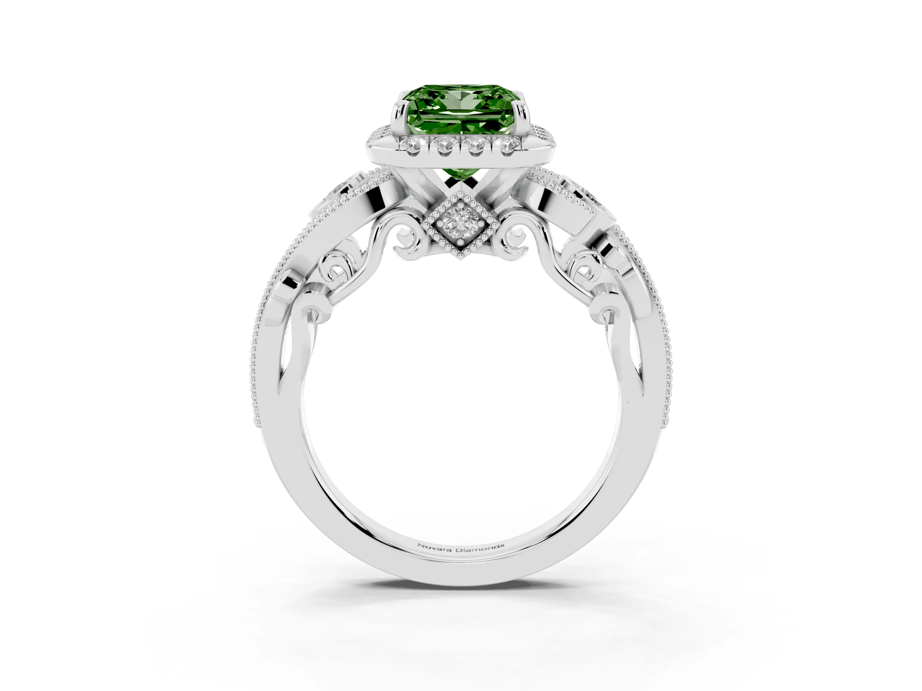 Fancy Green Princess Cut Diamond Halo Split Shank Ring Set in Silver with Milgrain and Bezel Accents