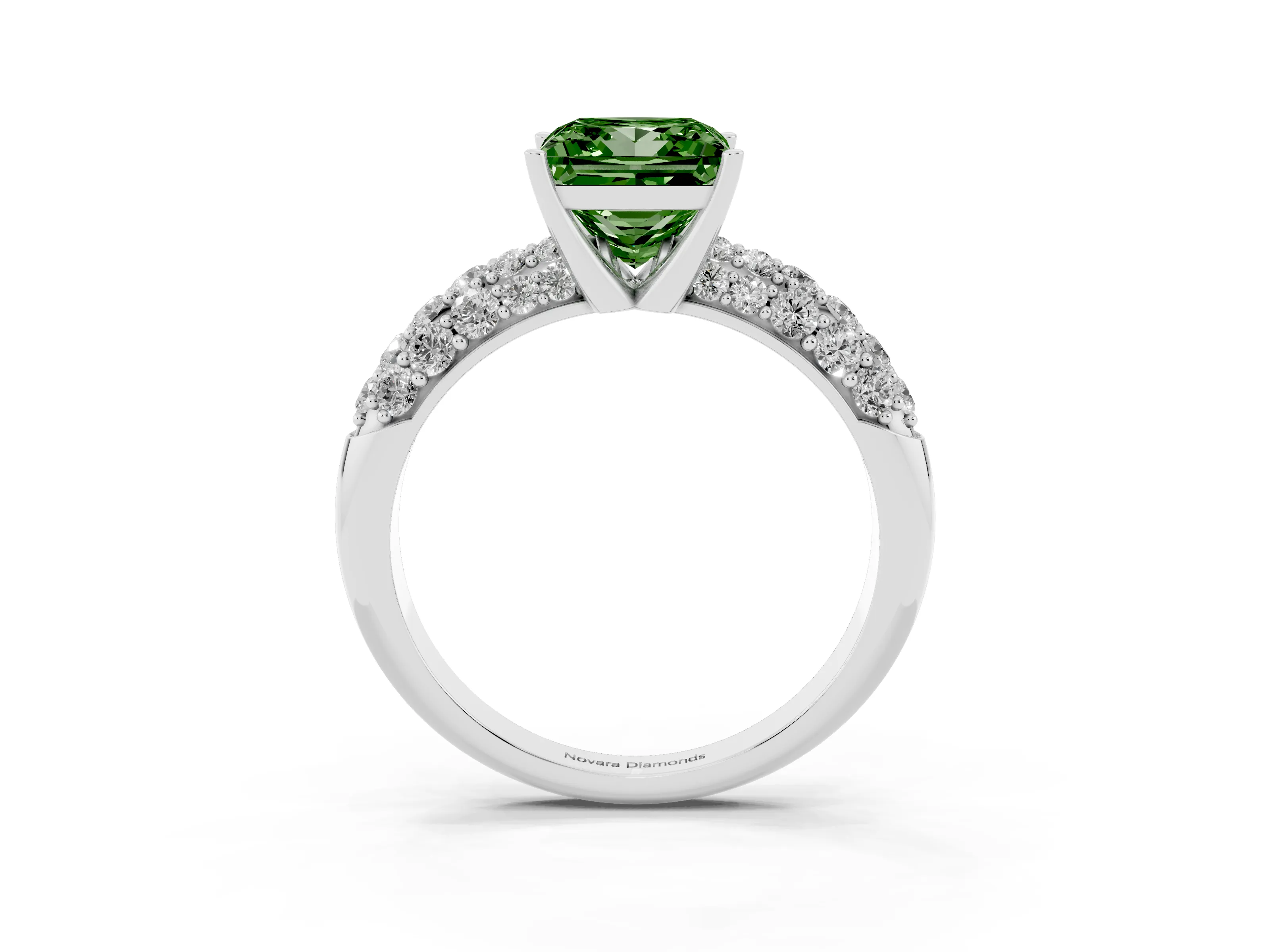 Fancy Green Princess Cut Diamond Pavé Band Solitaire Ring Set in Platinum with Close-Set Accent Stones and Prong Setting