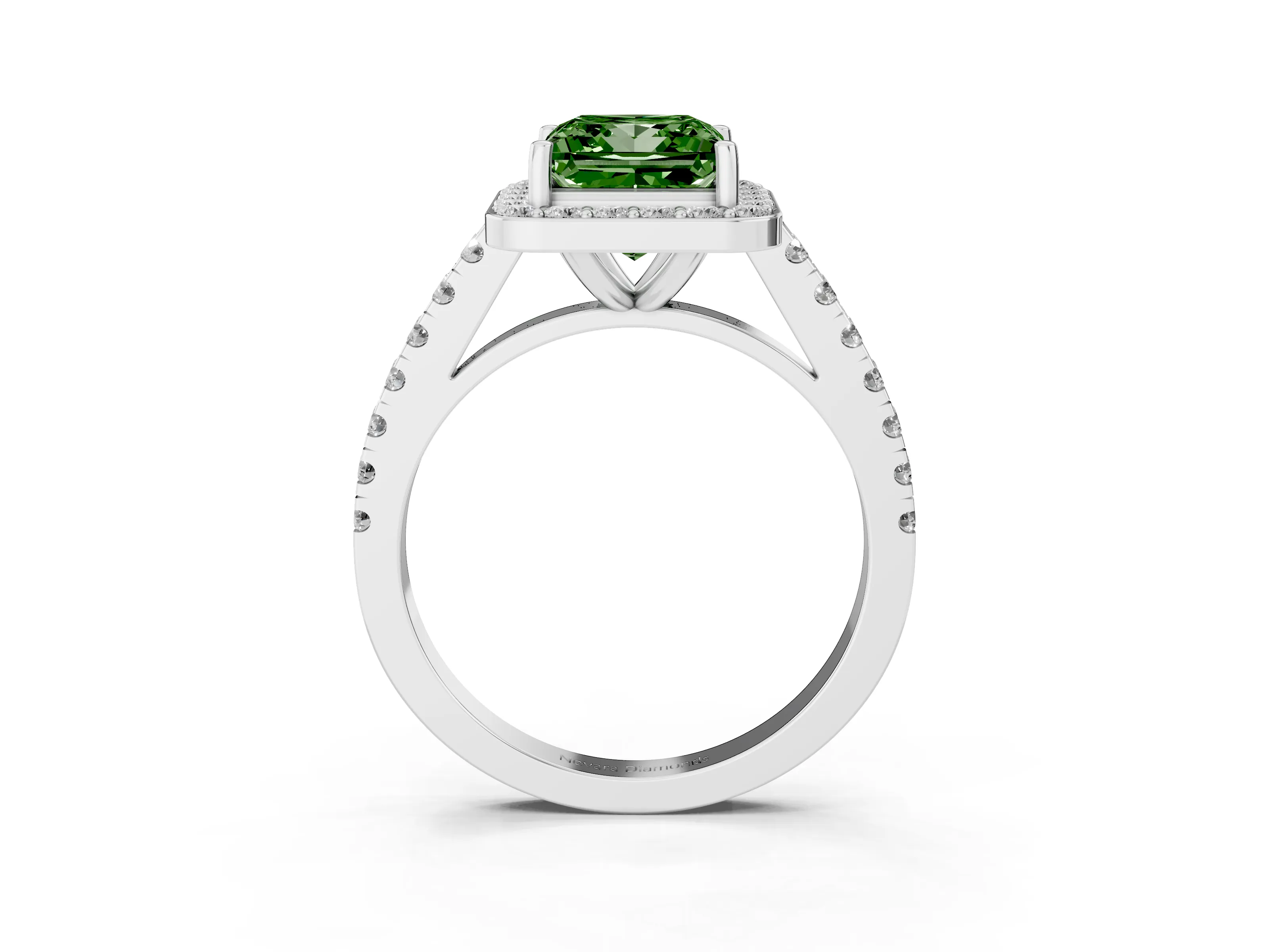 Fancy Green Princess Cut Diamond Halo Ring Set in Silver with Round Pavé Split Shank and Prong Setting