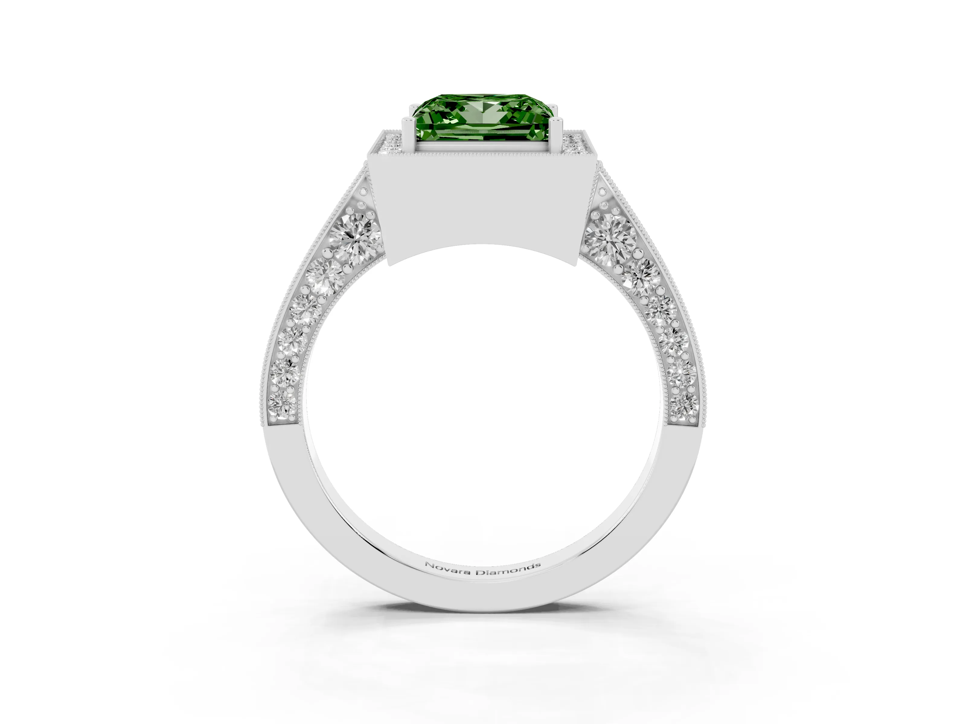 Fancy Green Princess Cut Diamond Halo Engagement Ring Set in Silver with Accent Split Shank Band