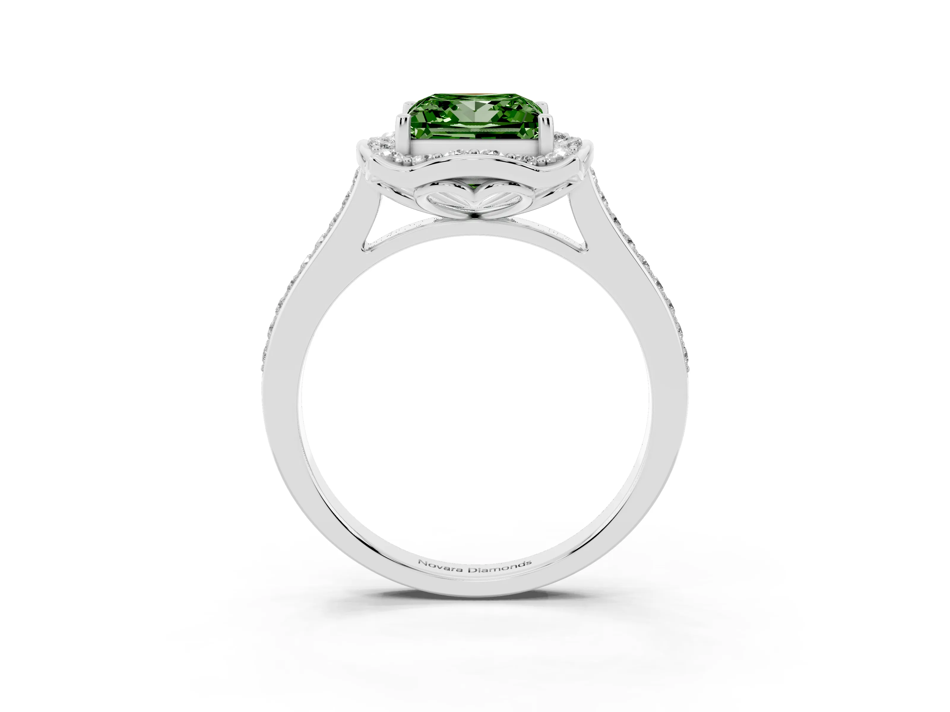 Fancy Green Princess Cut Diamond Halo Ring Set in White gold with Pavé-Lined Shoulders and Prong Setting