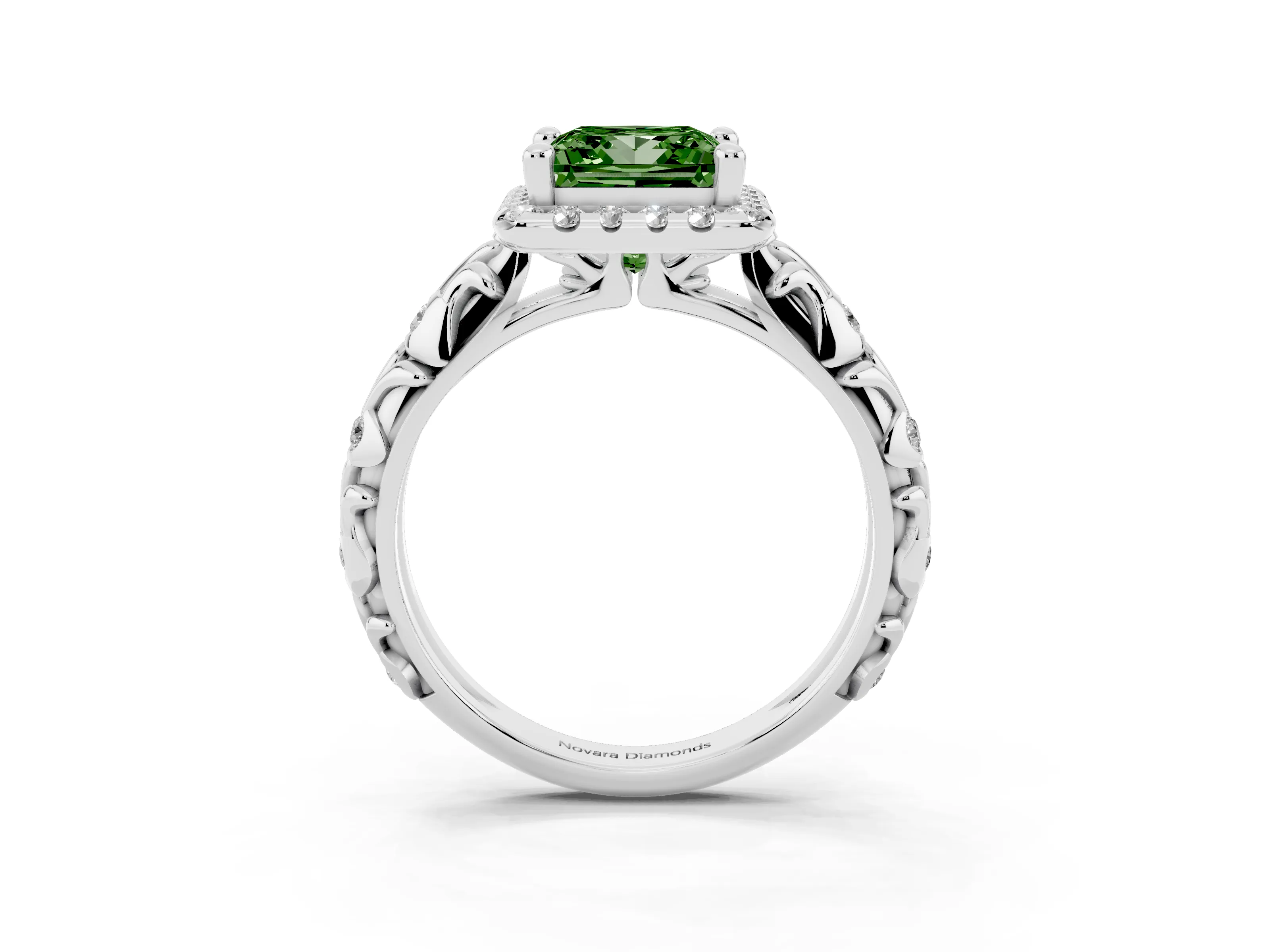 Fancy Green Princess Cut Diamond Halo Ring Set in Silver with Filigree Leaf Band and Prong Setting