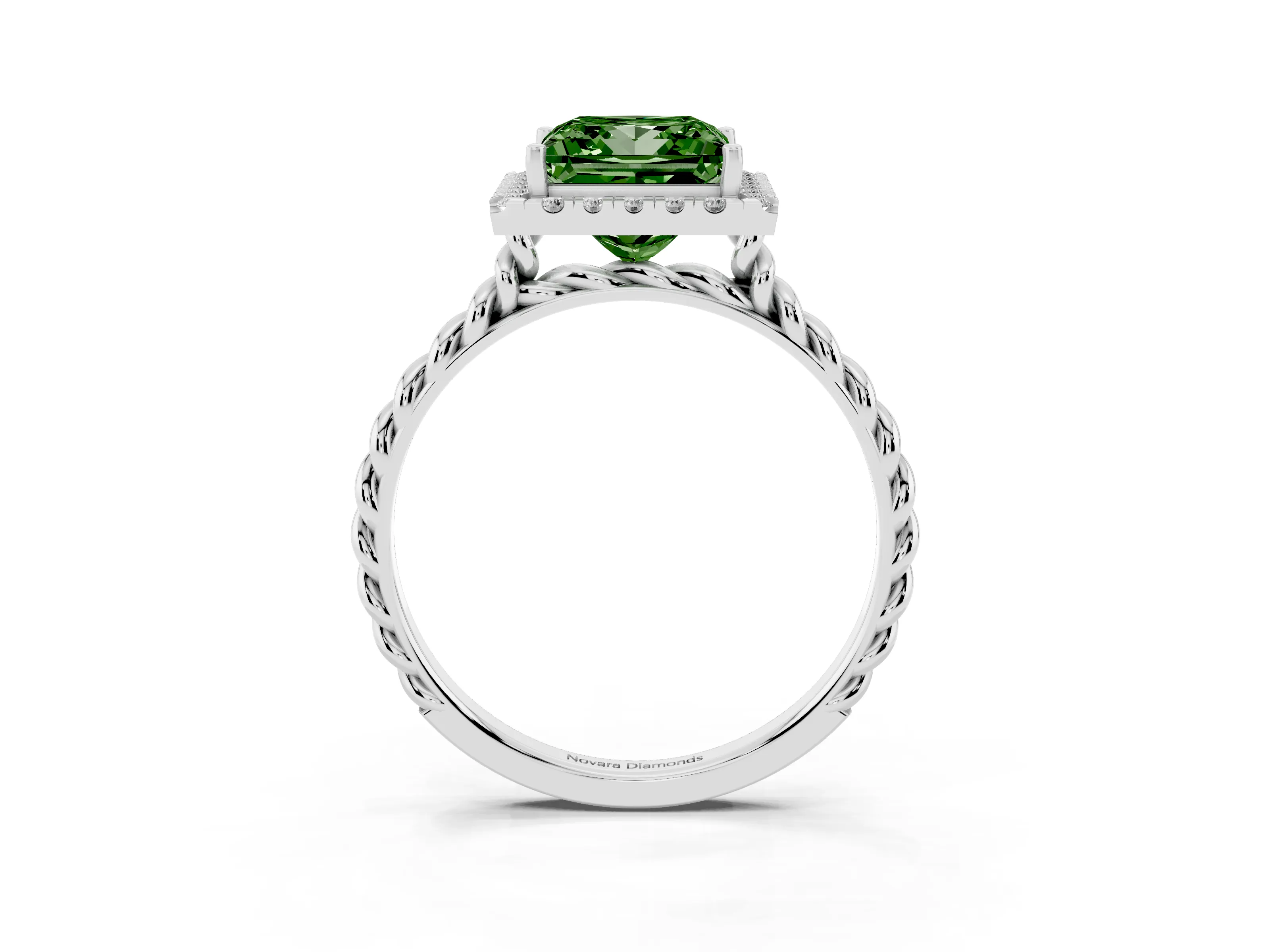 Fancy Green Princess Cut Diamond Halo Ring Set in Silver with Plain Twisted Band