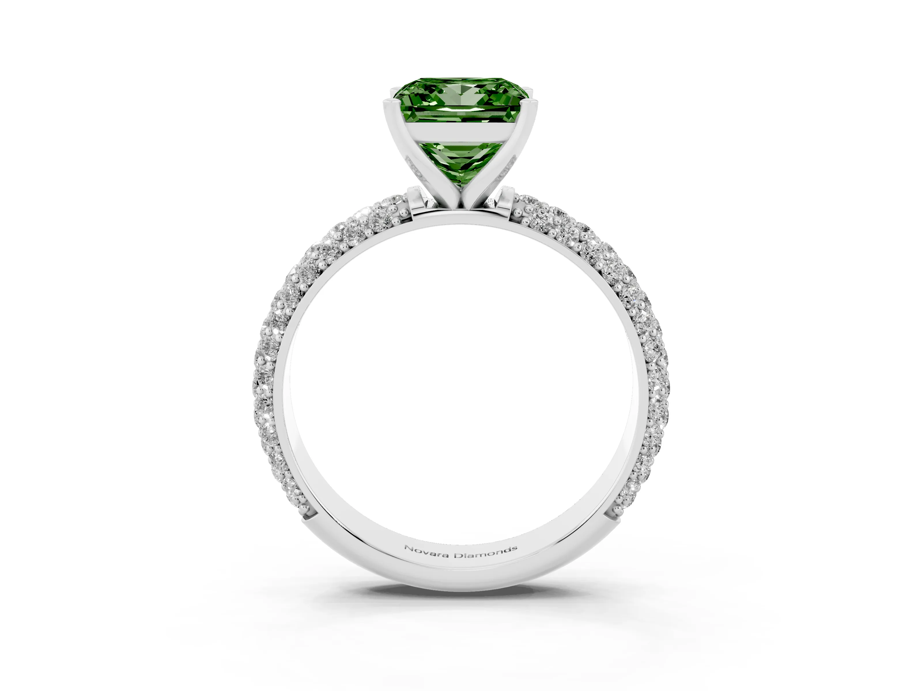 Fancy Green Princess Cut Diamond Solitaire Ring Set in Platinum with Prong Setting and Pavé-Set Band