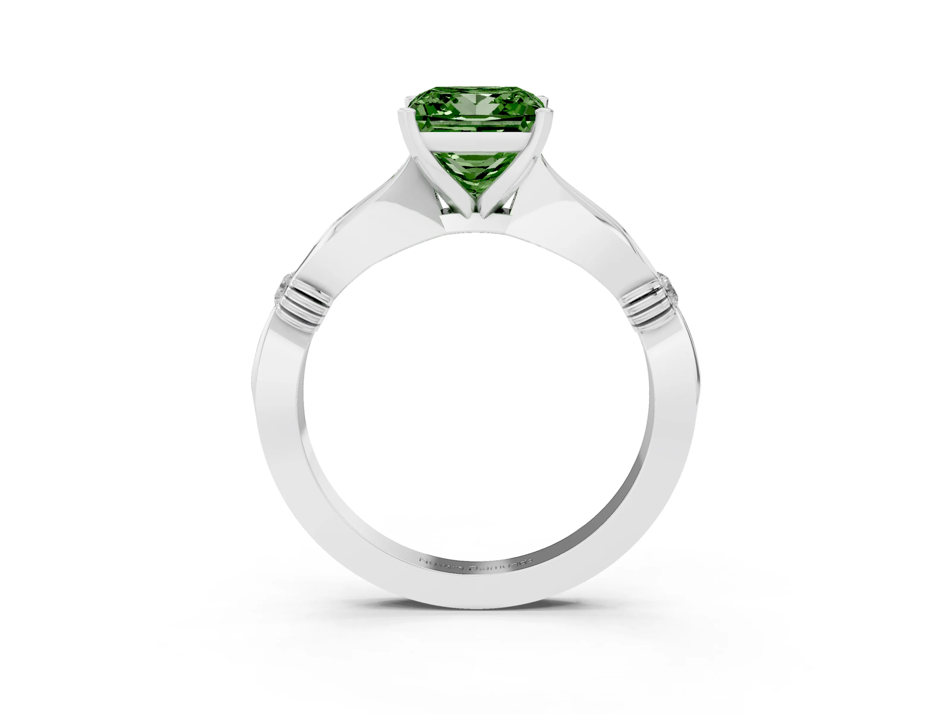 Fancy Green Princess Cut Diamond Solitaire Twisted Band Ring Set in Platinum with Accent Stones and Prong Setting