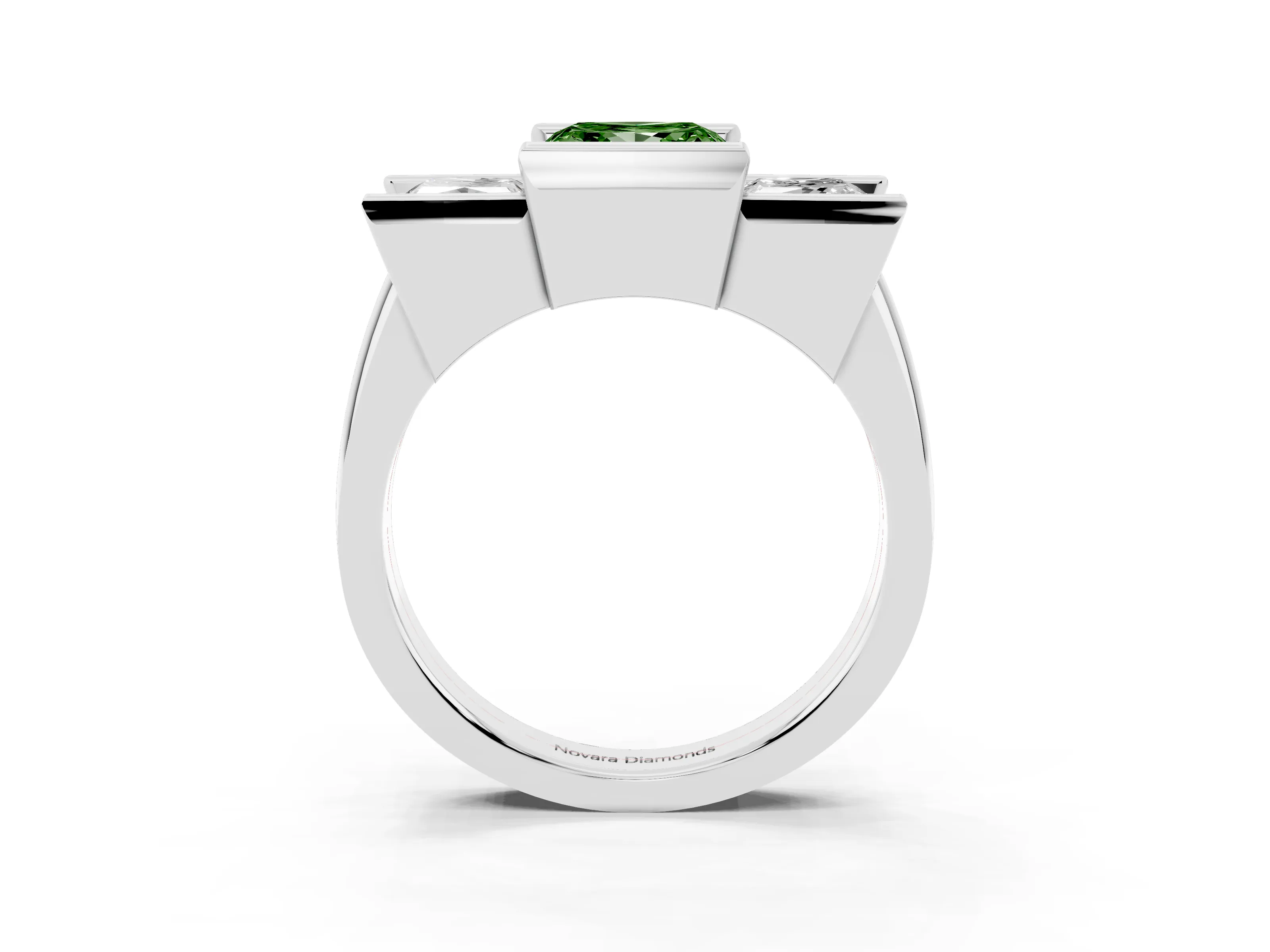 Fancy Green Princess Cut Diamond Three-Stone Channel Set Ring Set in Platinum with Smooth Polished Band