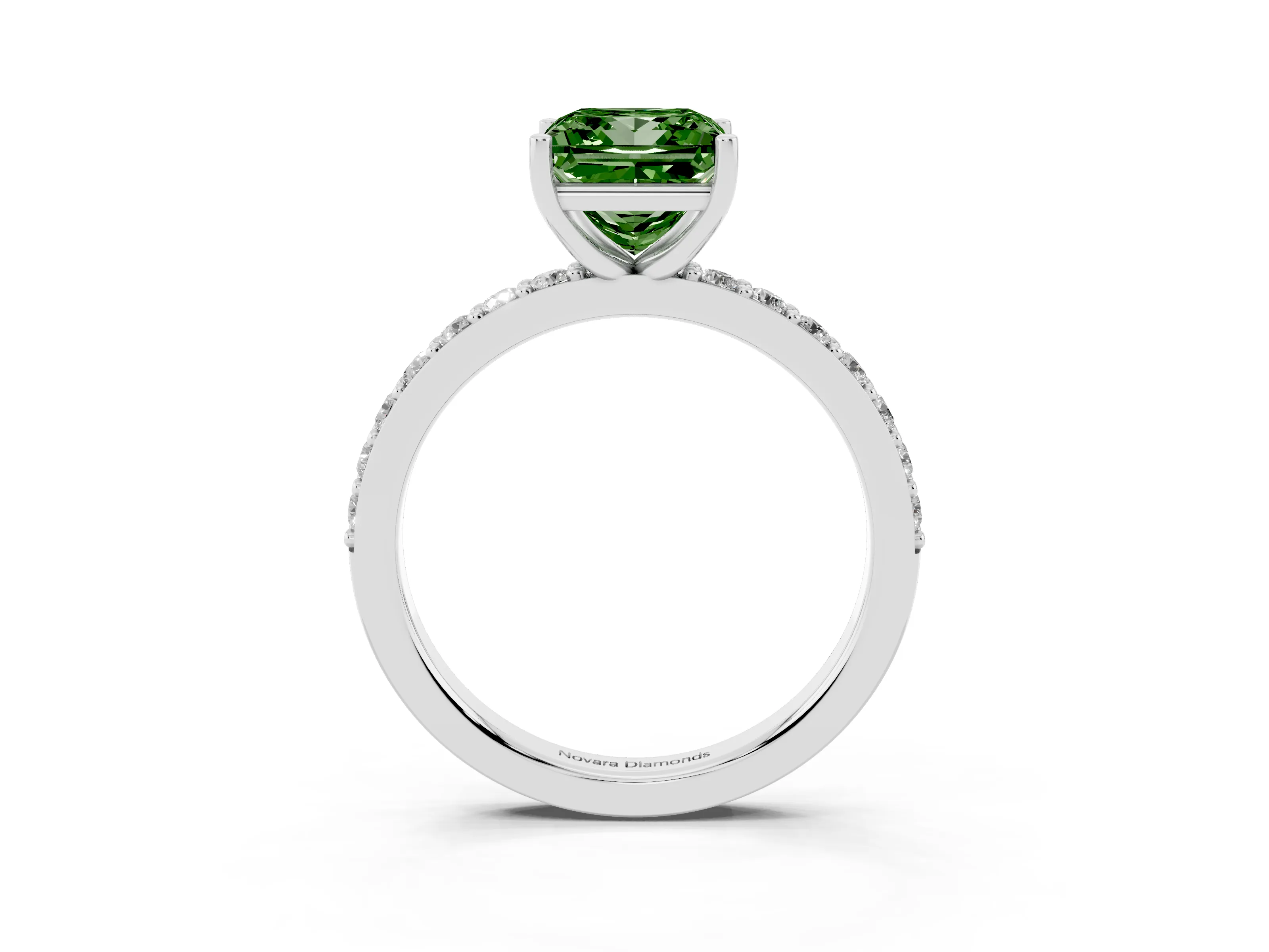 Fancy Green Princess Cut Diamond Solitaire Set in Platinum with Round Pavé Band and Prong Setting