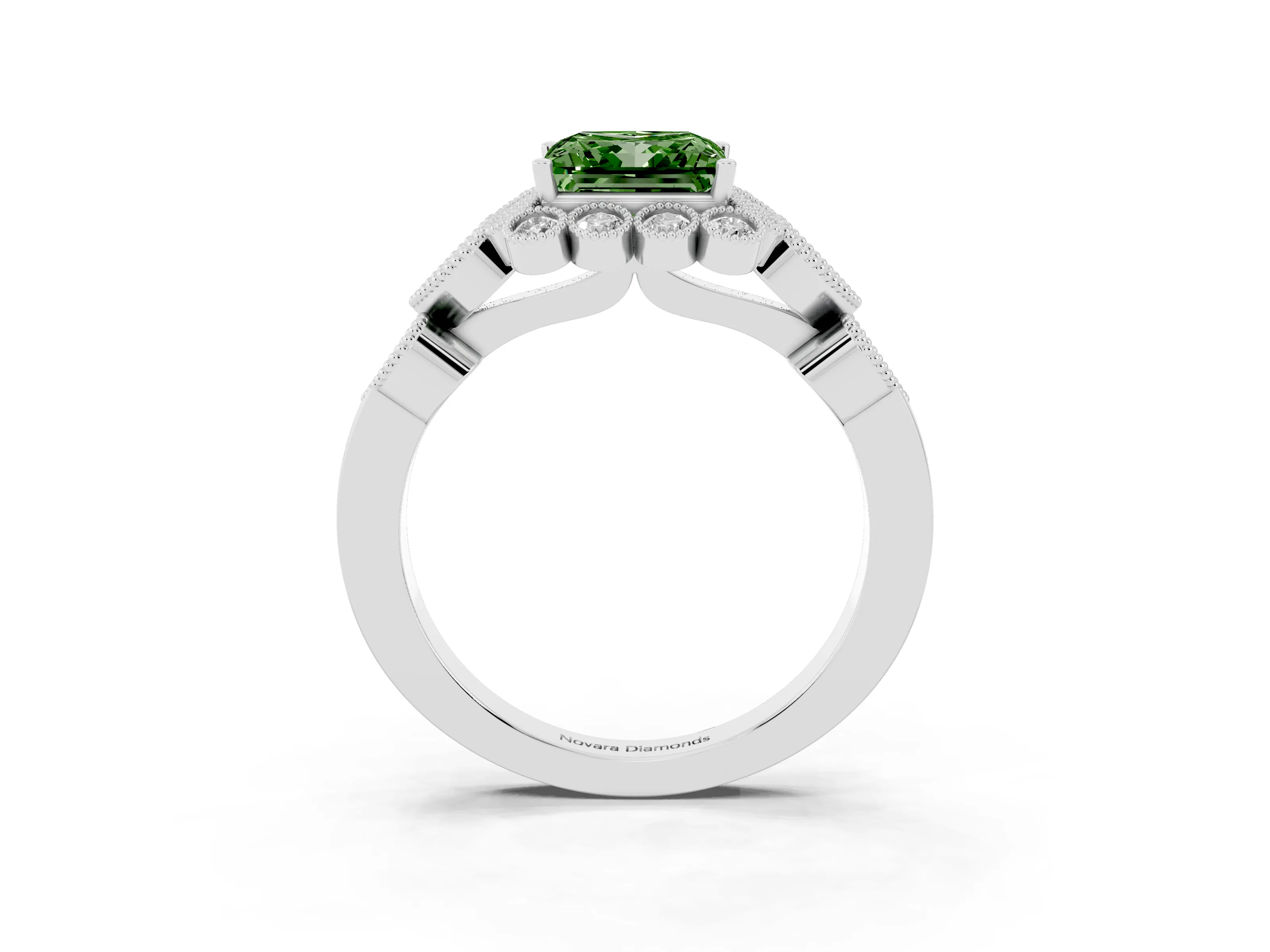 Fancy Green Princess Cut Diamond Solitaire Ring Set in Platinum with Milgrain Pavé Heart Band