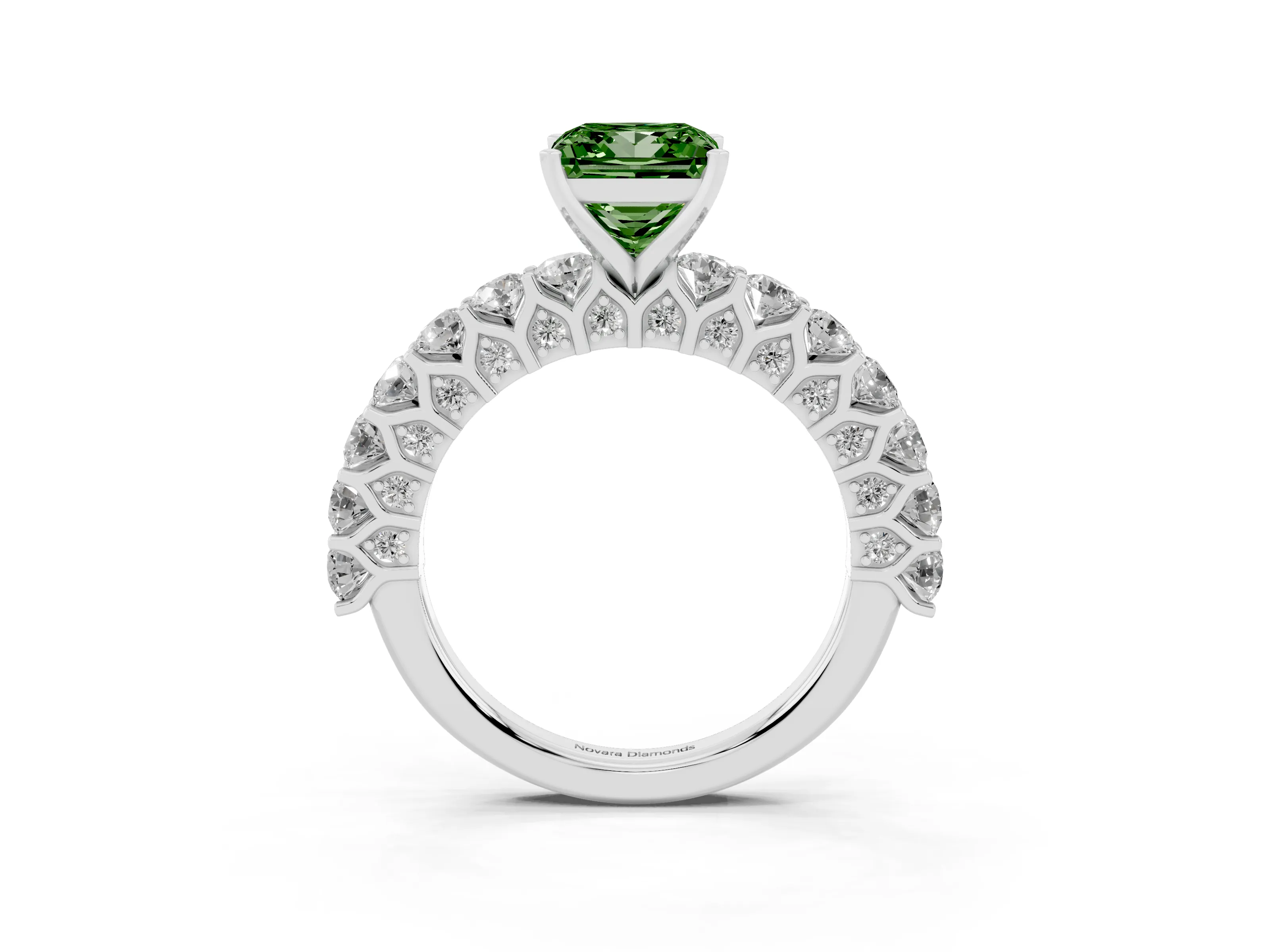 Fancy Green Princess Cut Diamond Solitaire Ring Set in Silver with Shared Prong Pavé Band
