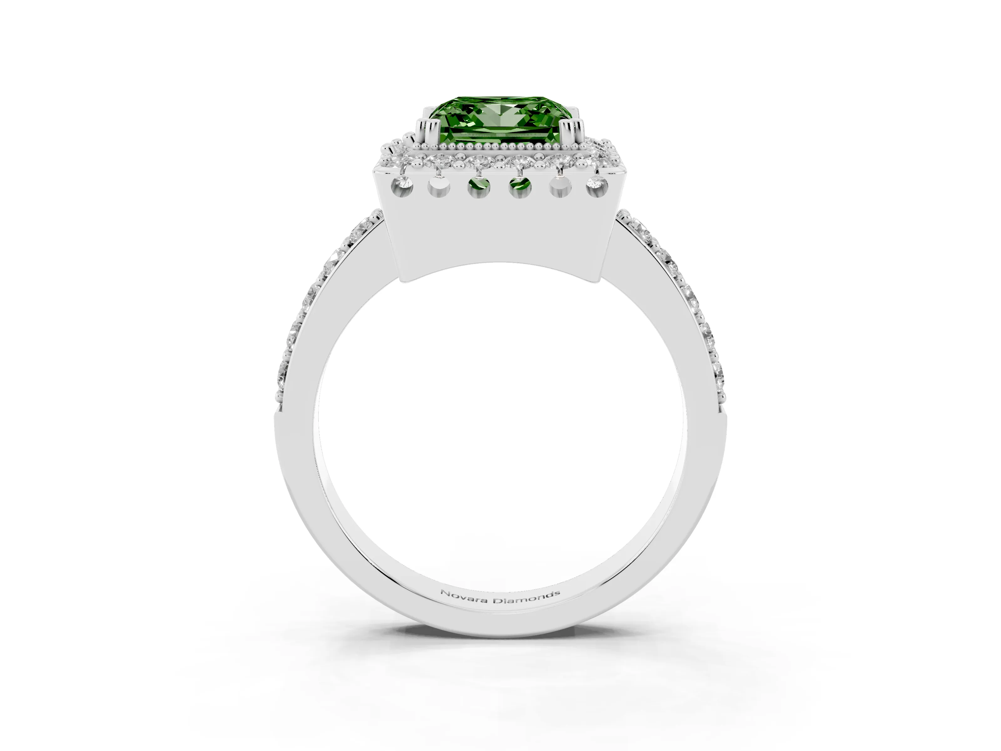 Fancy Green Princess Cut Diamond Halo Ring Set in White gold with Pavé Shank and Prong Setting