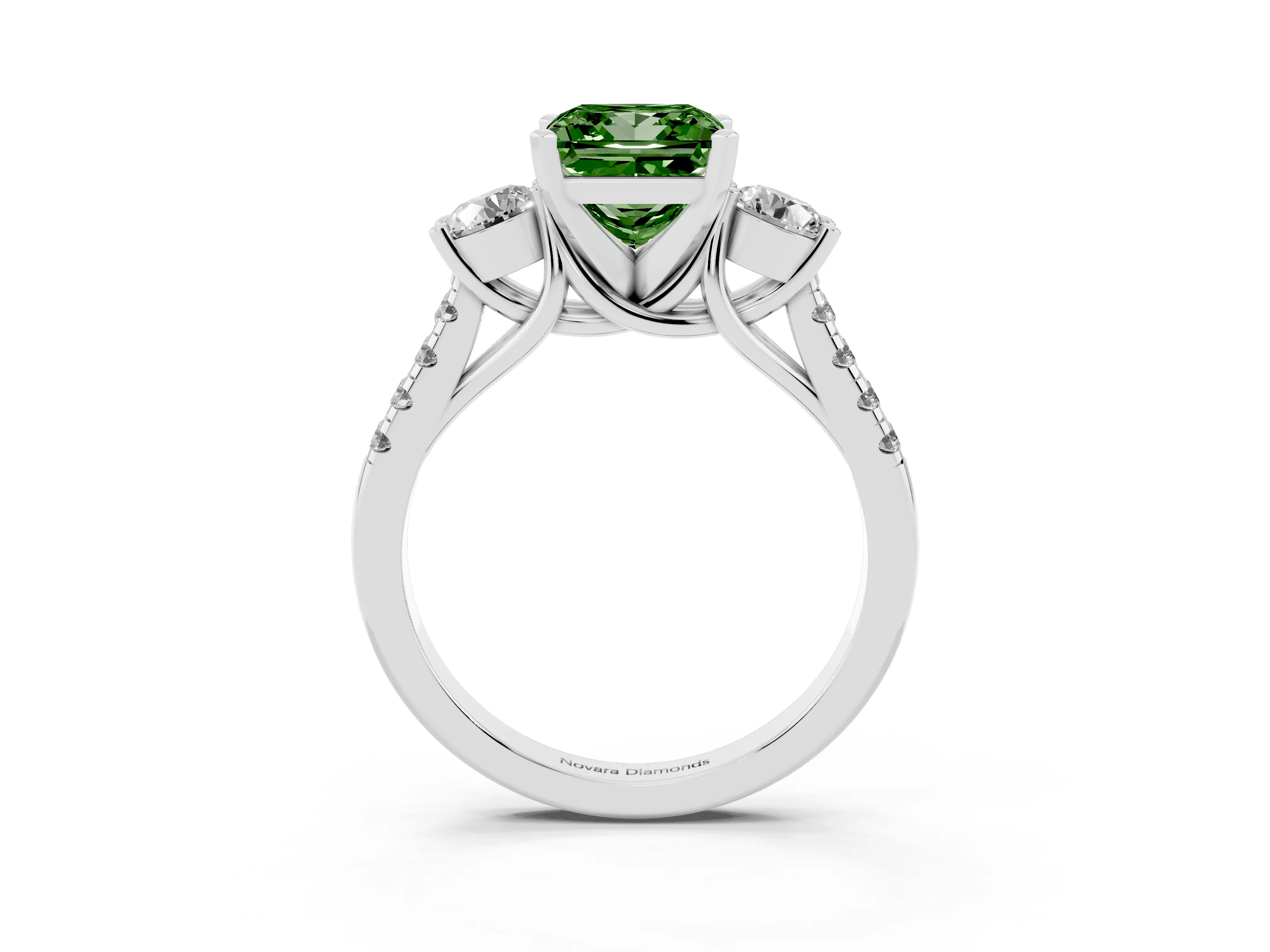 Fancy Green Three-Stone Princess Cut Diamond Pavé Band Ring Set in Platinum with Prong-Set Trio