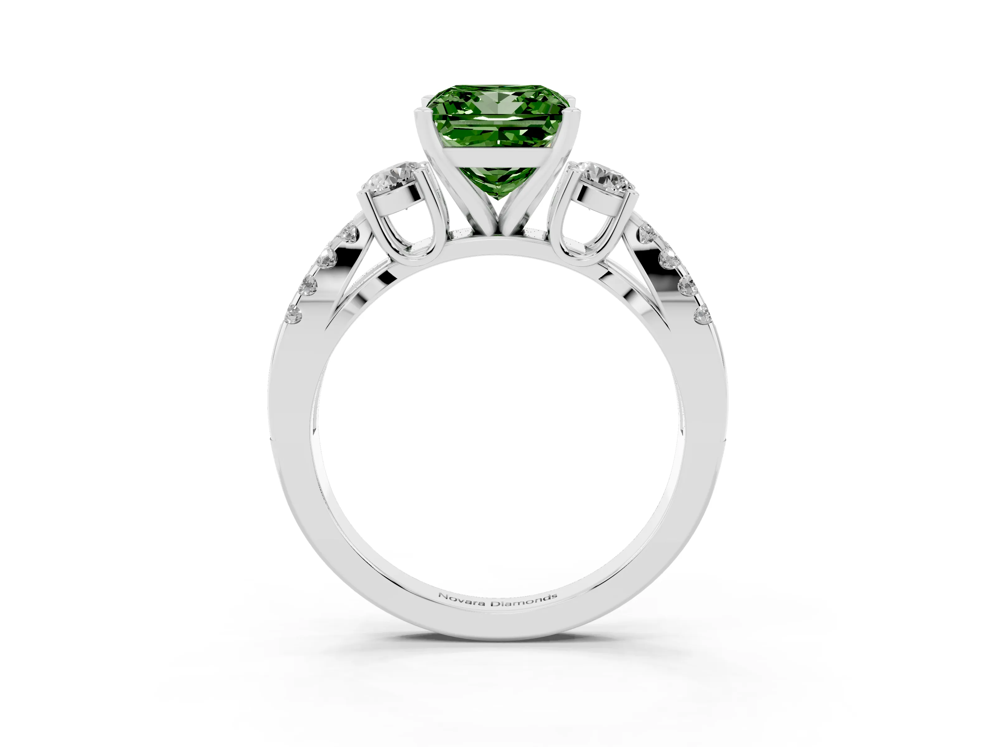 Fancy Green Princess Cut Diamond Three-Stone Ring Set in White gold with Pavé Split Shank and Prong Setting