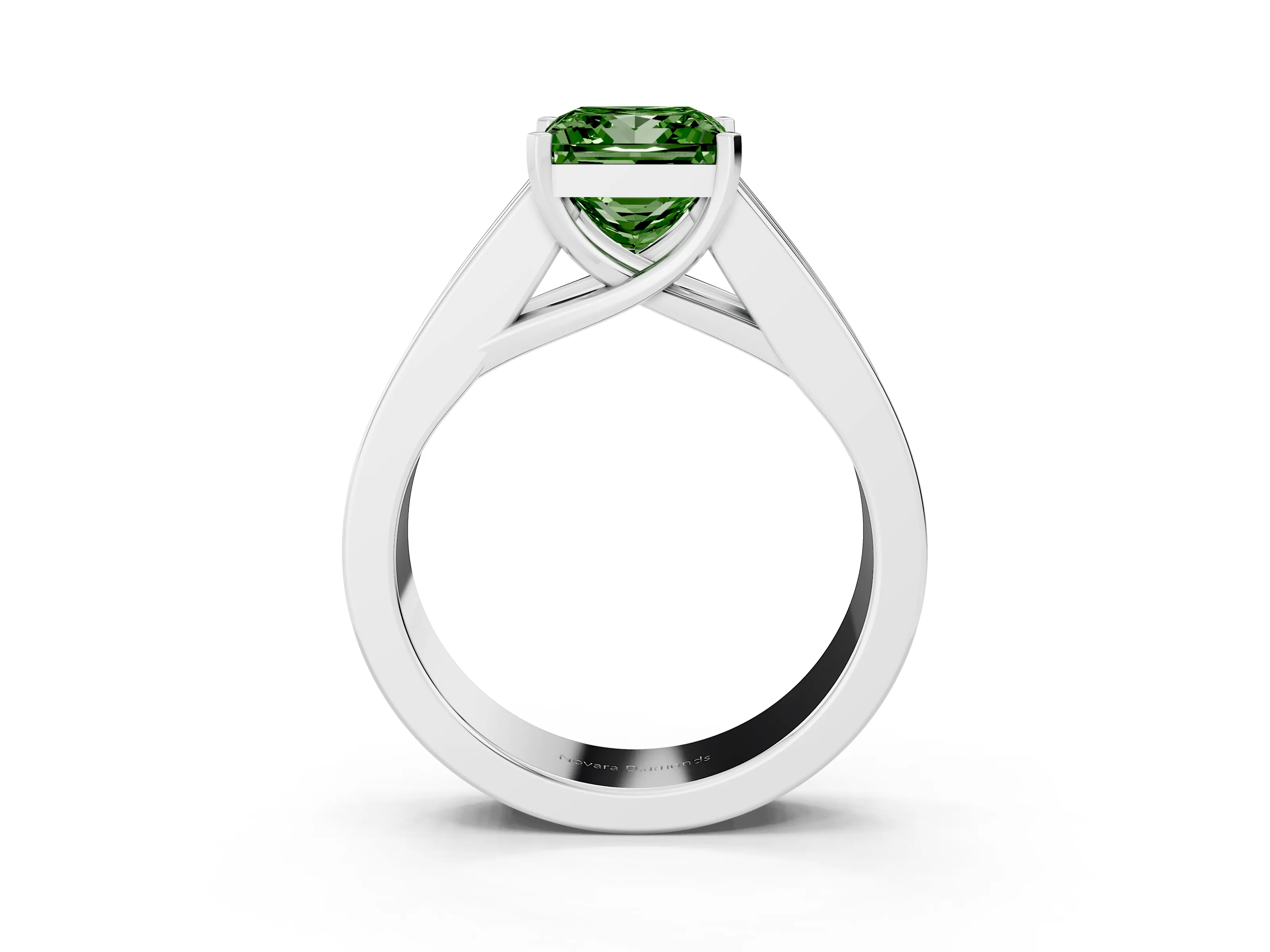 Fancy Green Princess Cut Diamond Solitaire Ring Set in Silver with Channel-Set Accent Stones and Prong Setting
