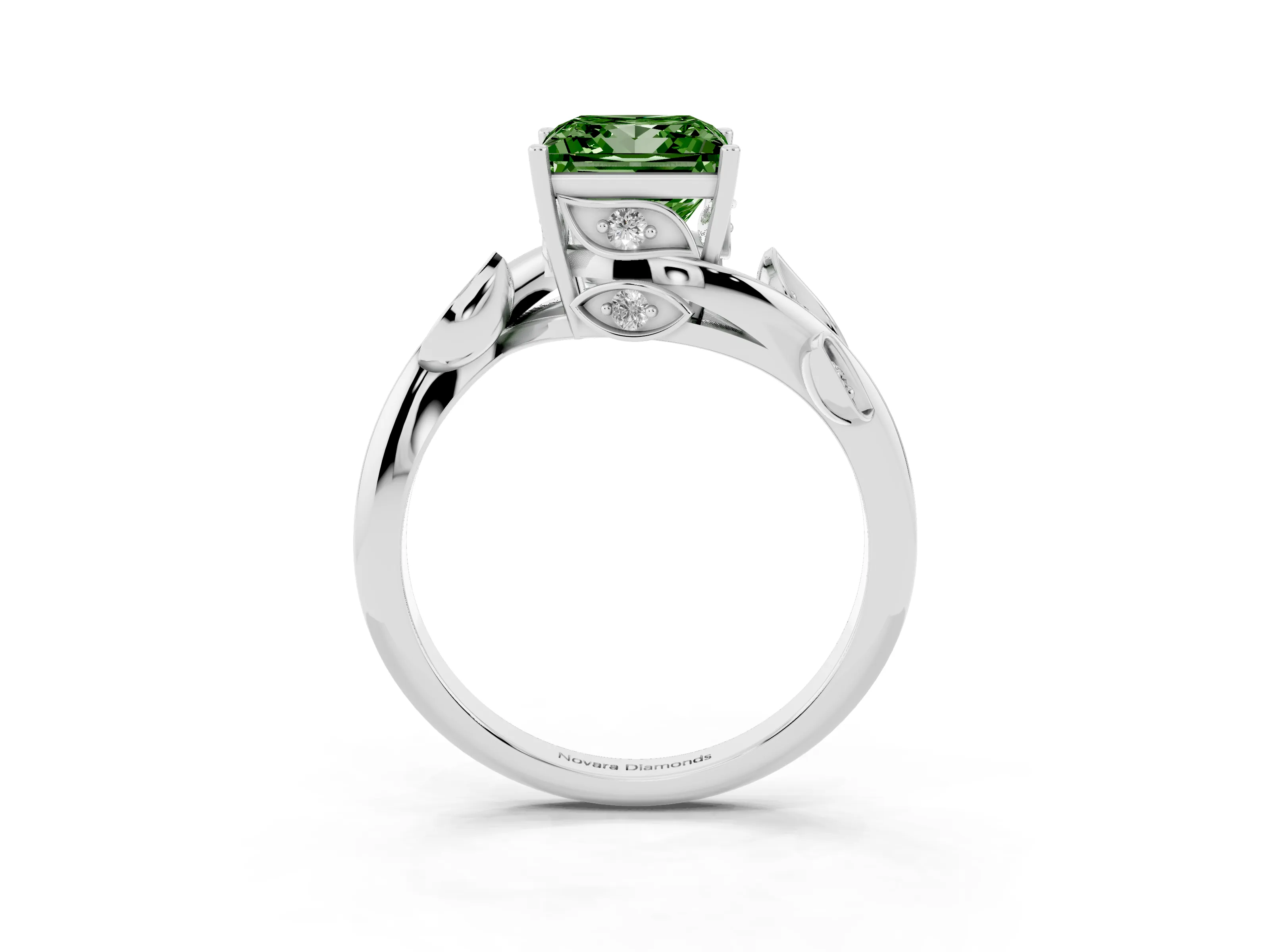 Fancy Green Princess Cut Diamond Solitaire Twist Engagement Ring Set in White gold with Pavé Leaf Accents