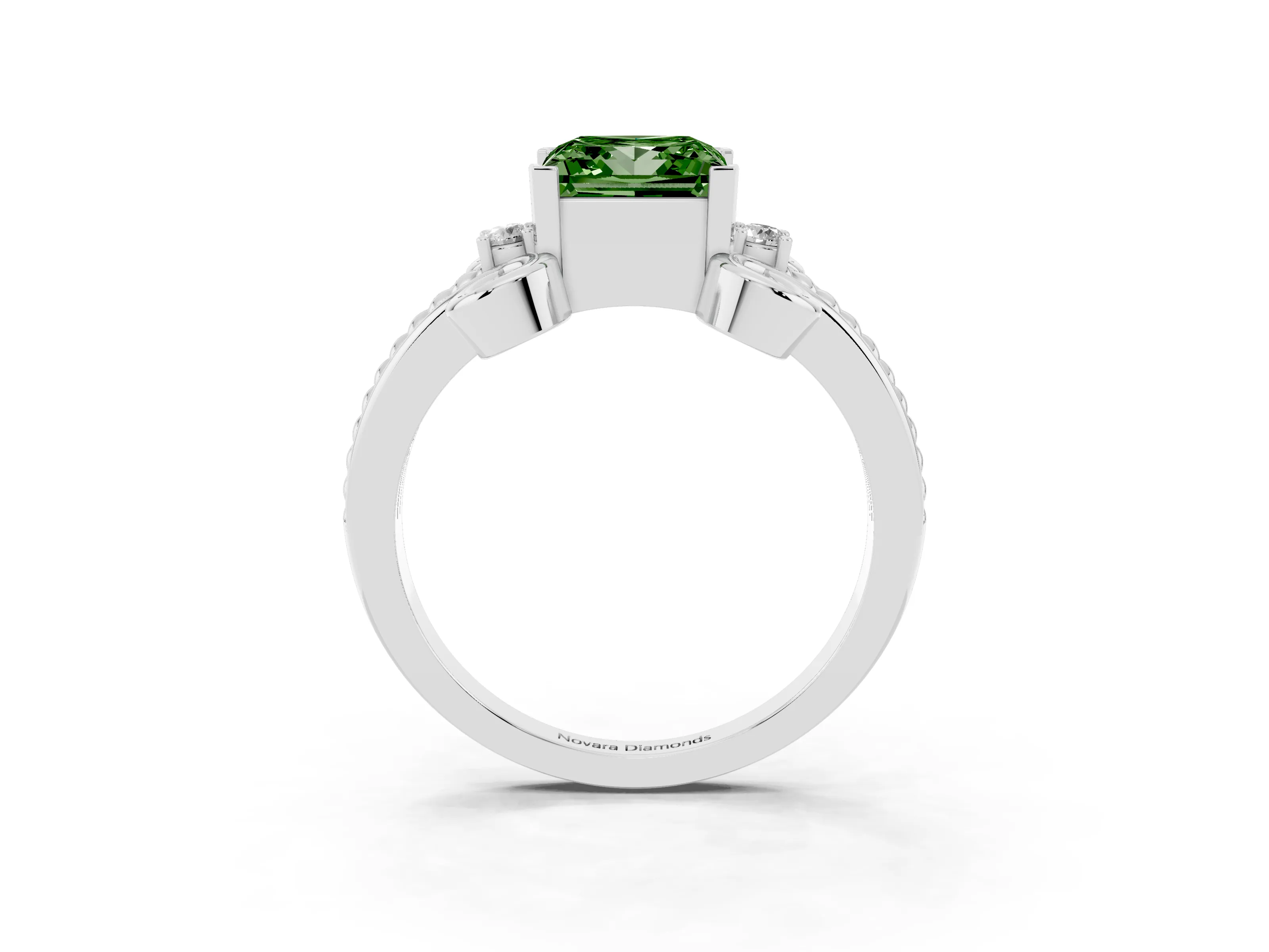 Fancy Green Princess Cut Diamond Twisted Band Solitaire Ring Set in Platinum with Scroll Prongs