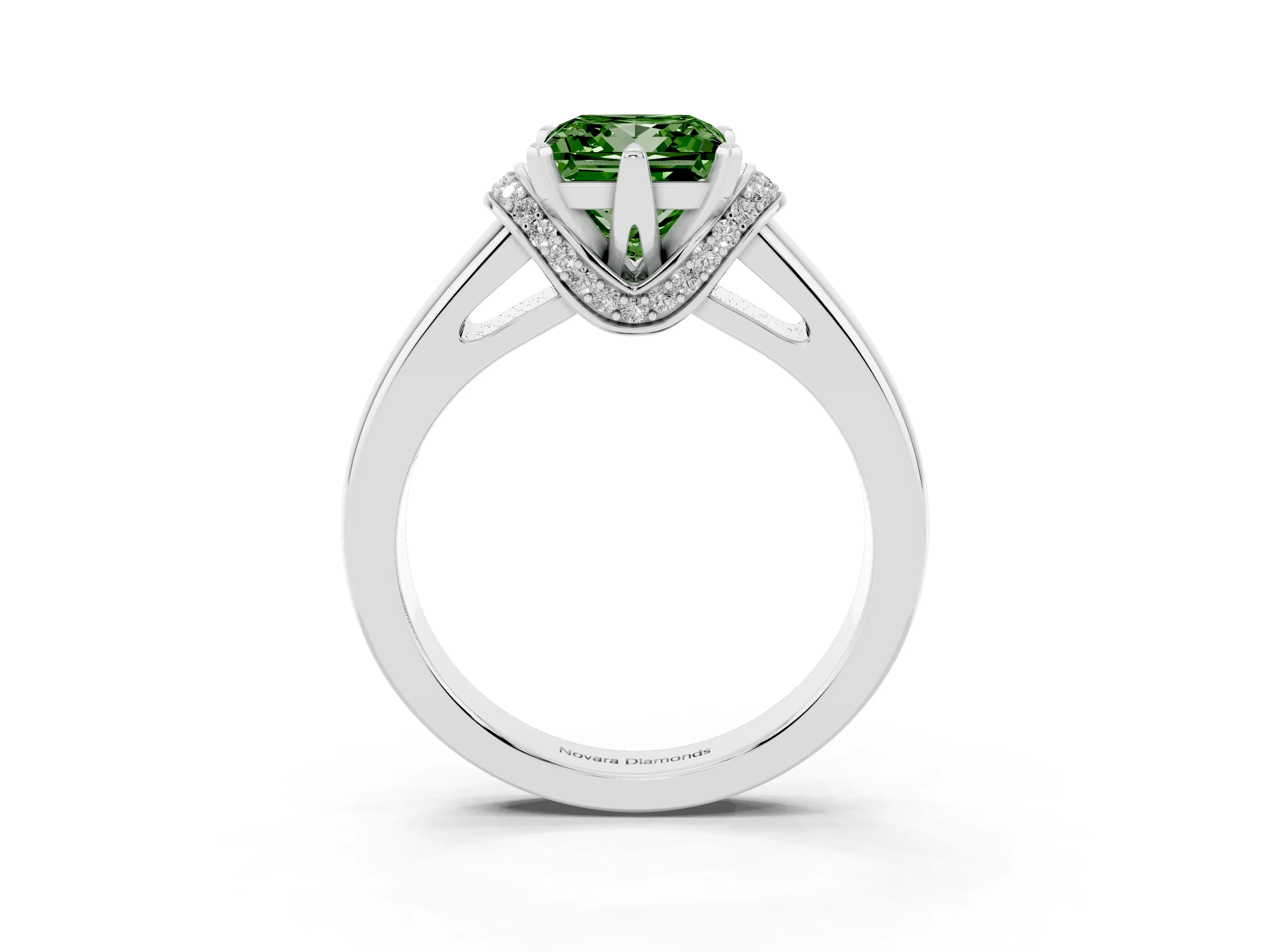 Fancy Green Princess Cut Diamond Pavé Band Solitaire Ring Set in Platinum with Prong Setting