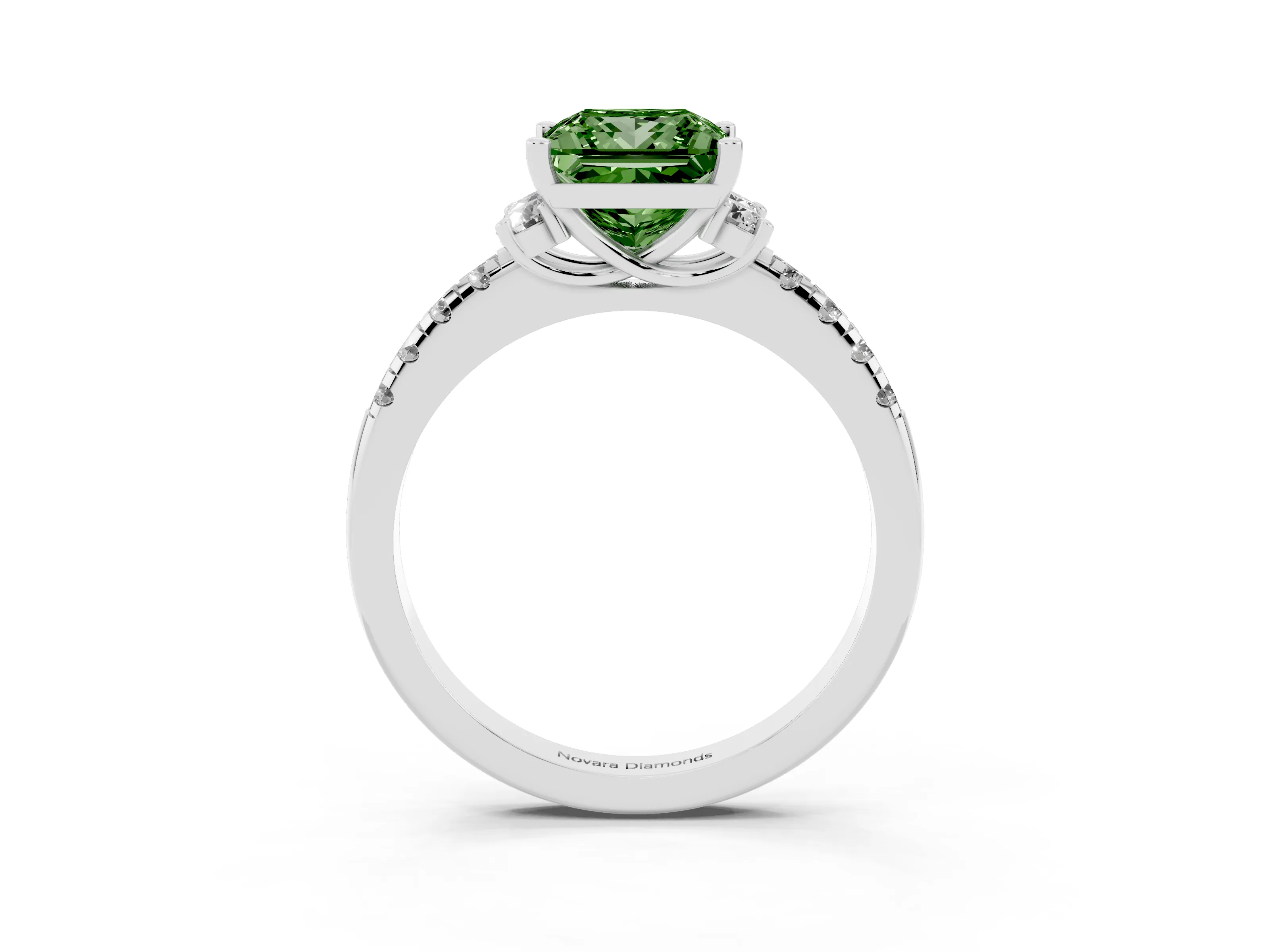 Fancy Green Princess Cut Diamond Three-Stone Pavé Ring Set in Platinum with Prong Setting