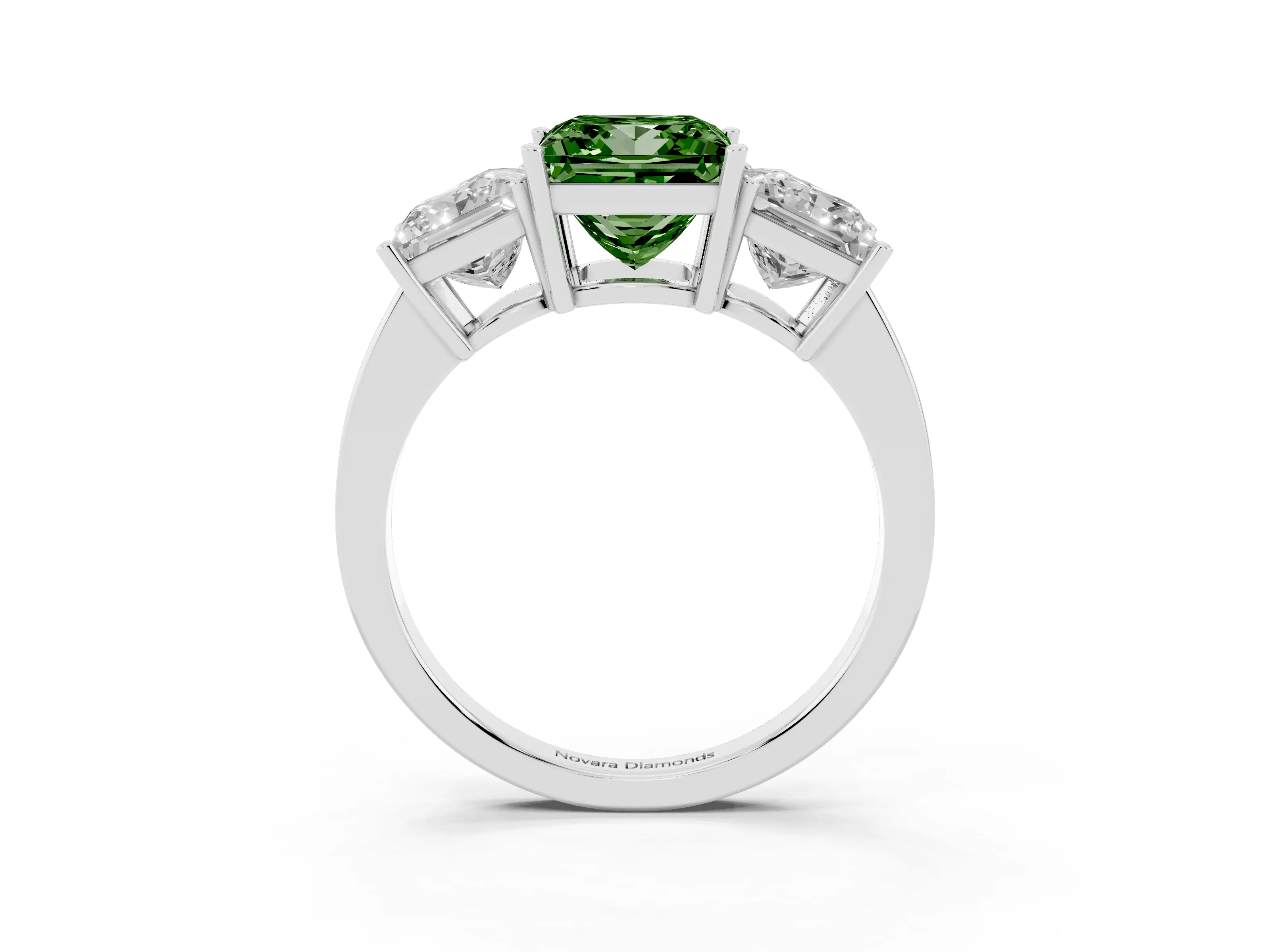 Fancy Green Princess Cut Diamond Three-Stone Engagement Ring Set in Platinum with Flat Band