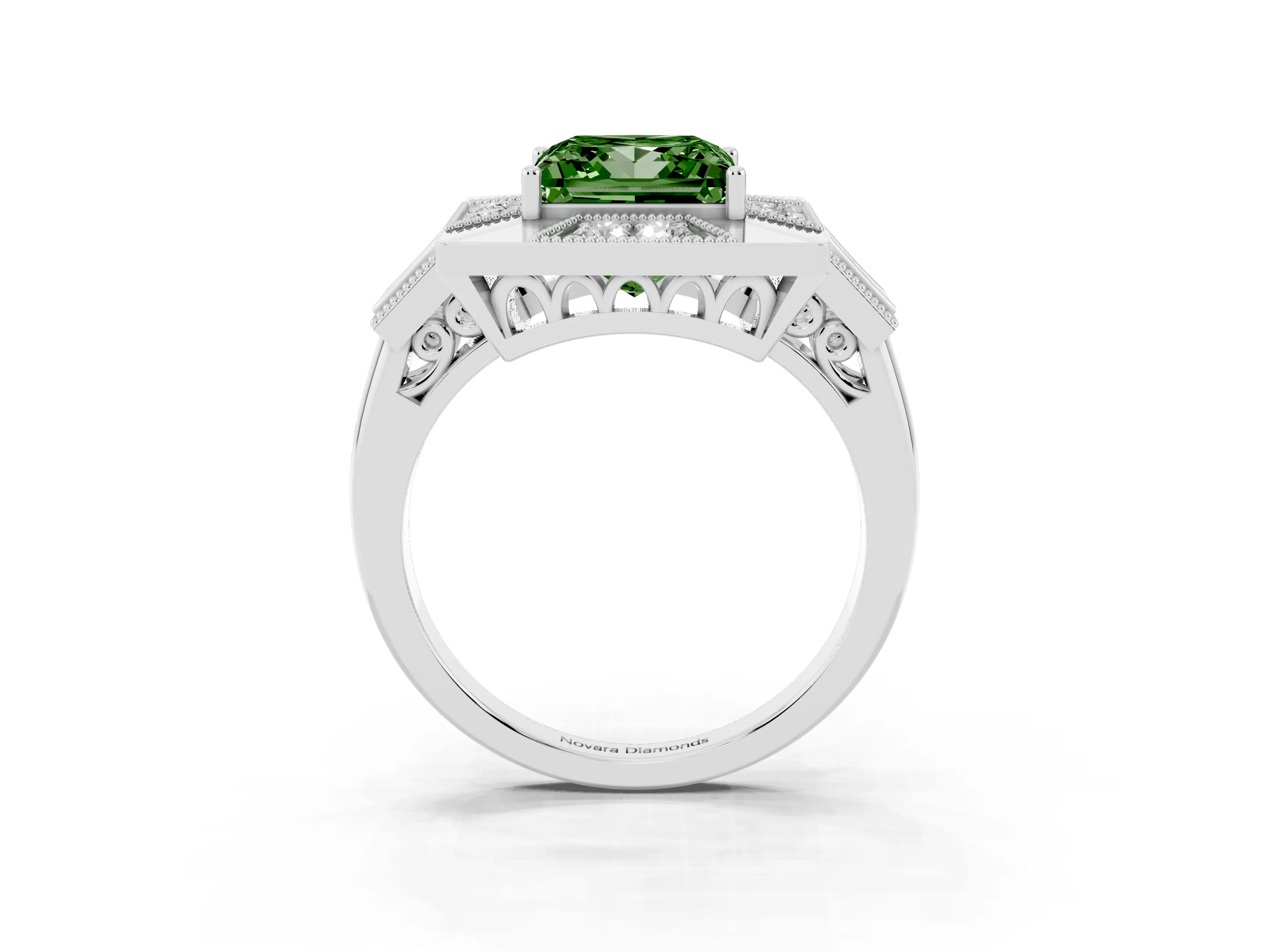 Fancy Green Princess Cut Diamond Milgrain Halo Ring Set in Platinum with Split Shank