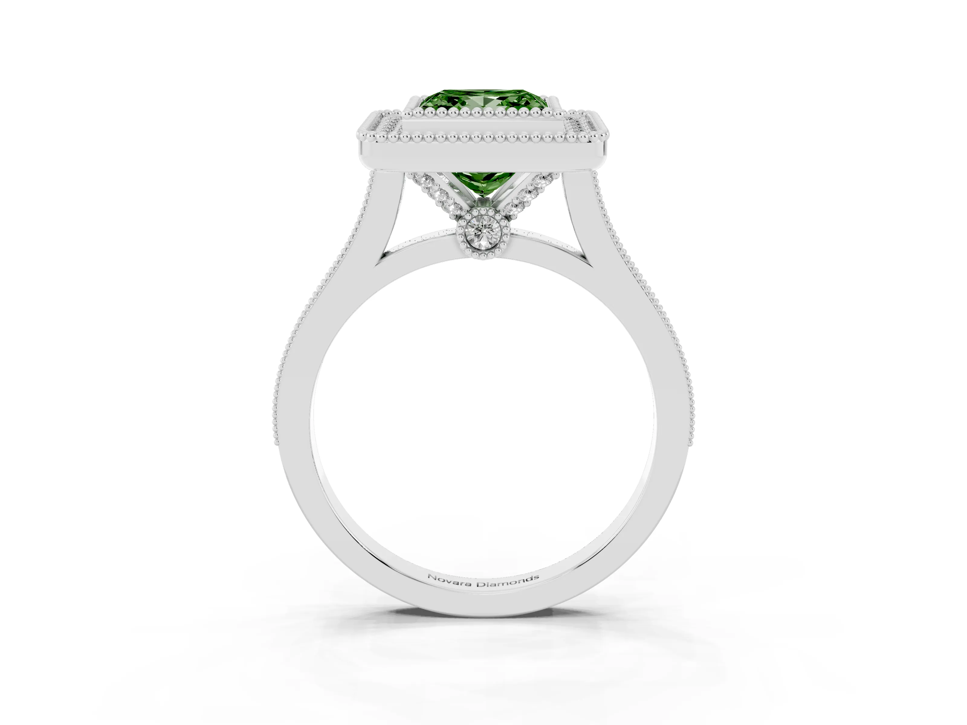 Fancy Green Princess Cut Diamond Halo Ring Set in Platinum with Milgrain Frame and Pavé Band