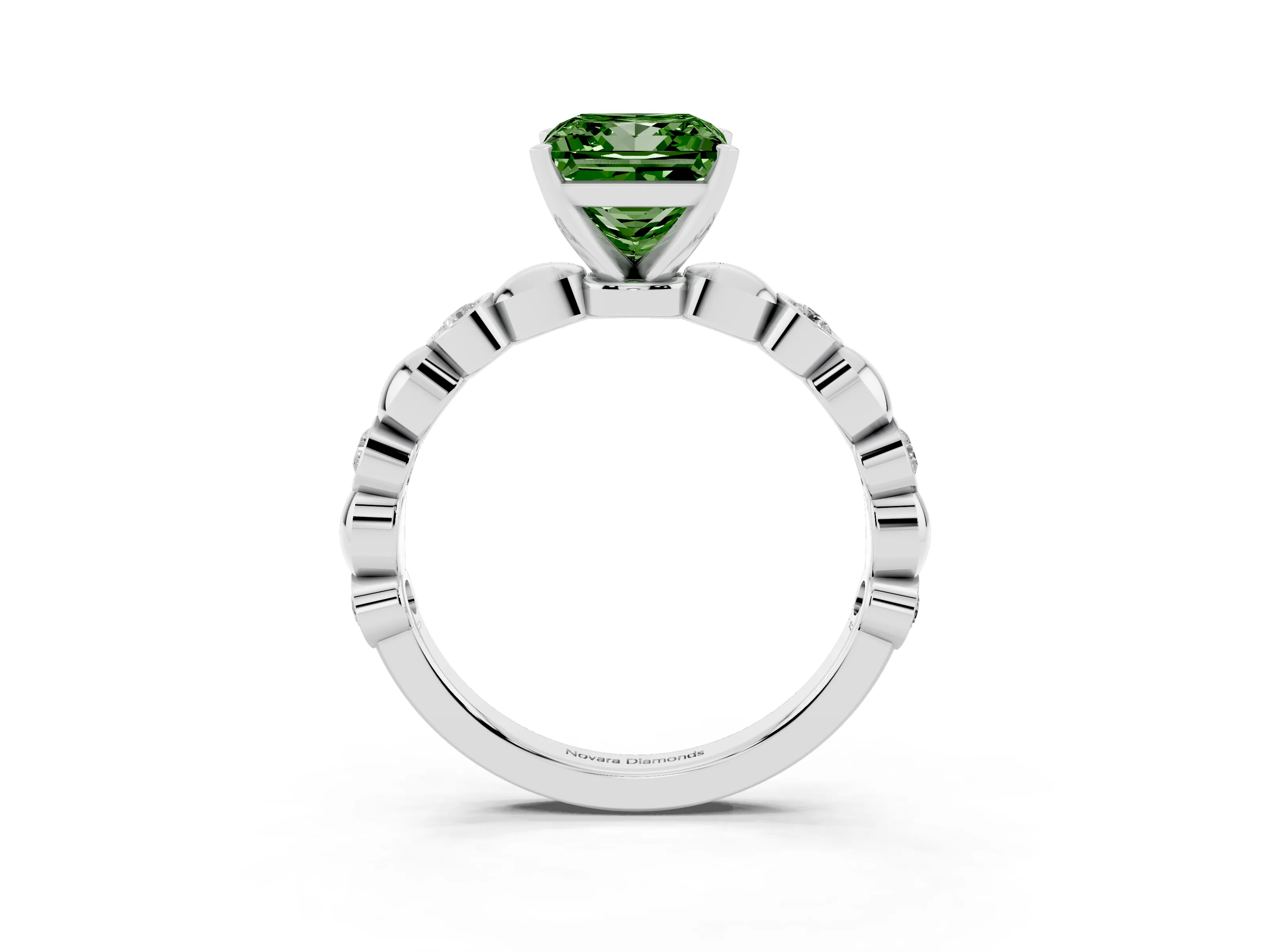Fancy Green Princess Cut Diamond Solitaire Ring Set in Silver with Bezel-Set Accents on Beaded Band and Prong Setting