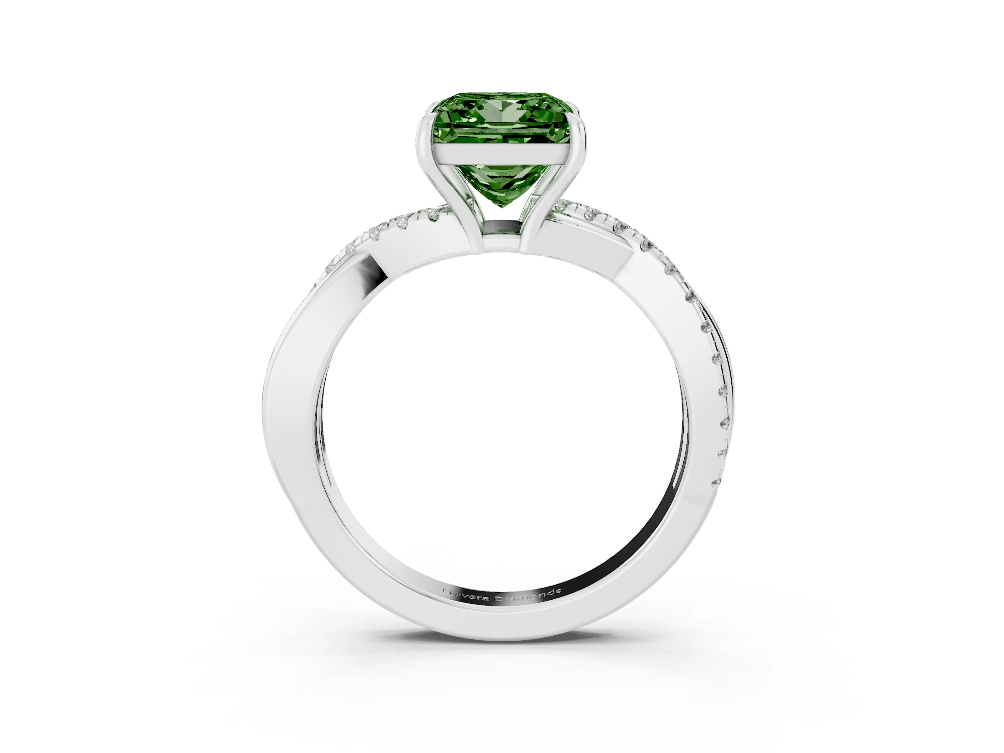 Fancy Green Princess Cut Diamond Twisted Pavé Band Ring Set in Silver with Prong Setting