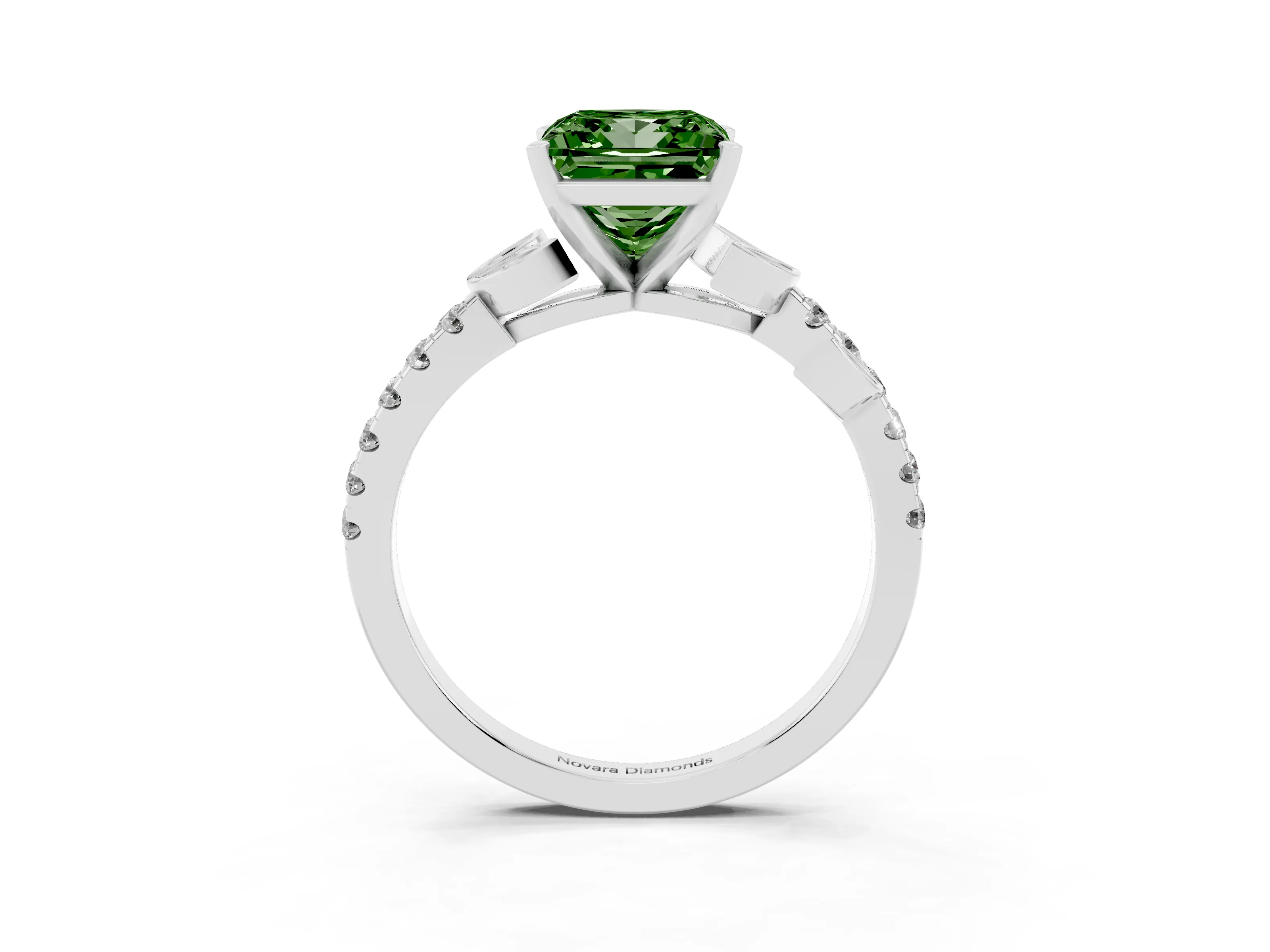 Fancy Green Princess Cut Diamond Solitaire Leaf-Inspired Ring Set in White gold with Pavé Band and Prong Setting