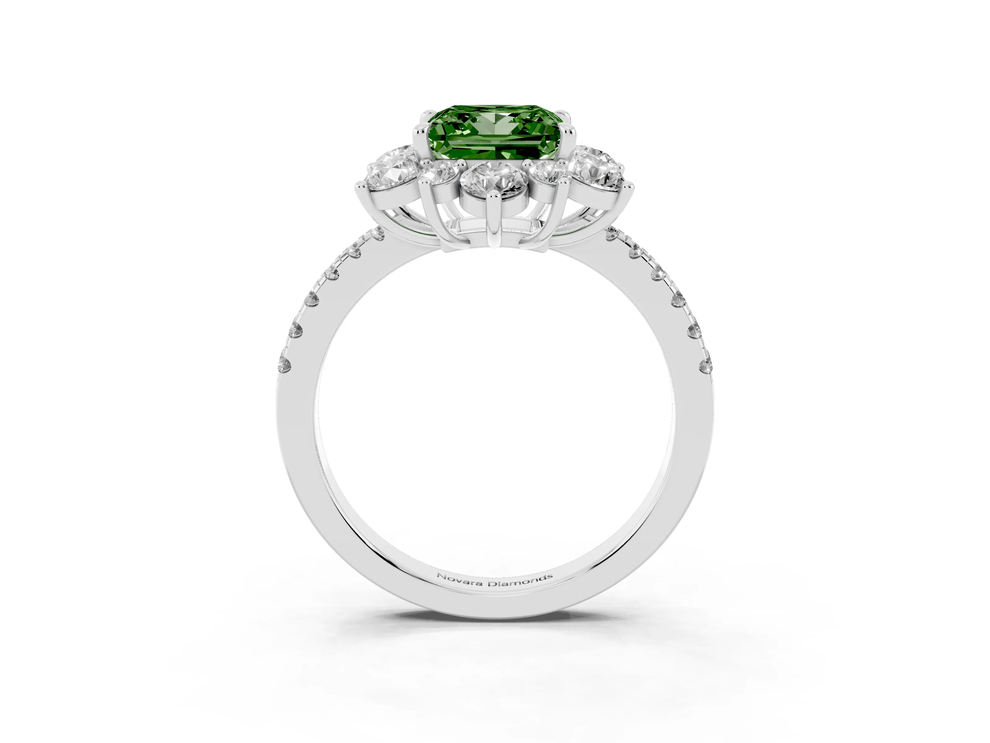 Fancy Green Princess Cut Diamond Floral Halo Ring Set in White gold with Round Pavé Band and Prong Setting