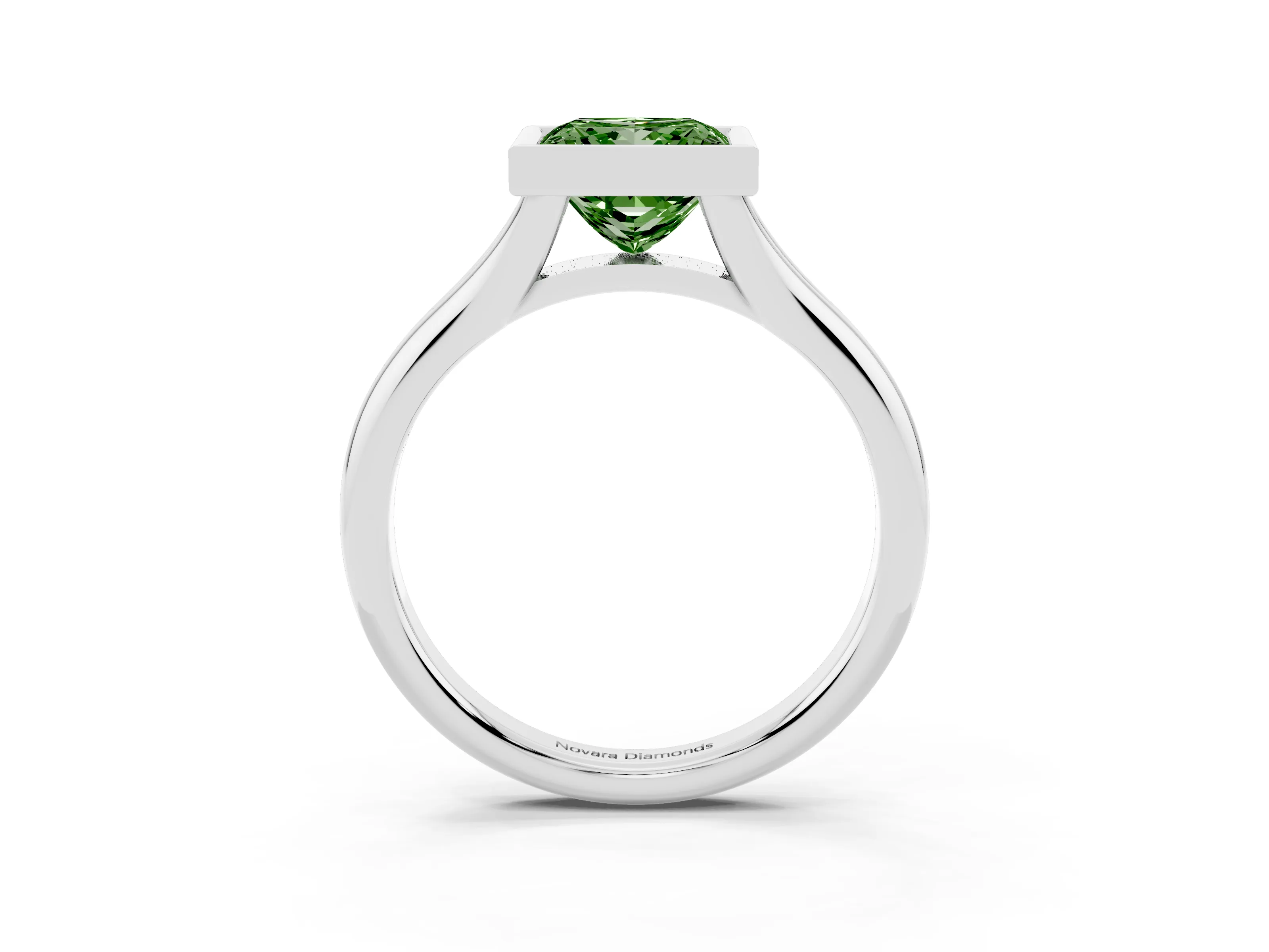 Fancy Green Bezel Set Princess Cut Diamond Solitaire Ring Set in White gold with Smooth Band