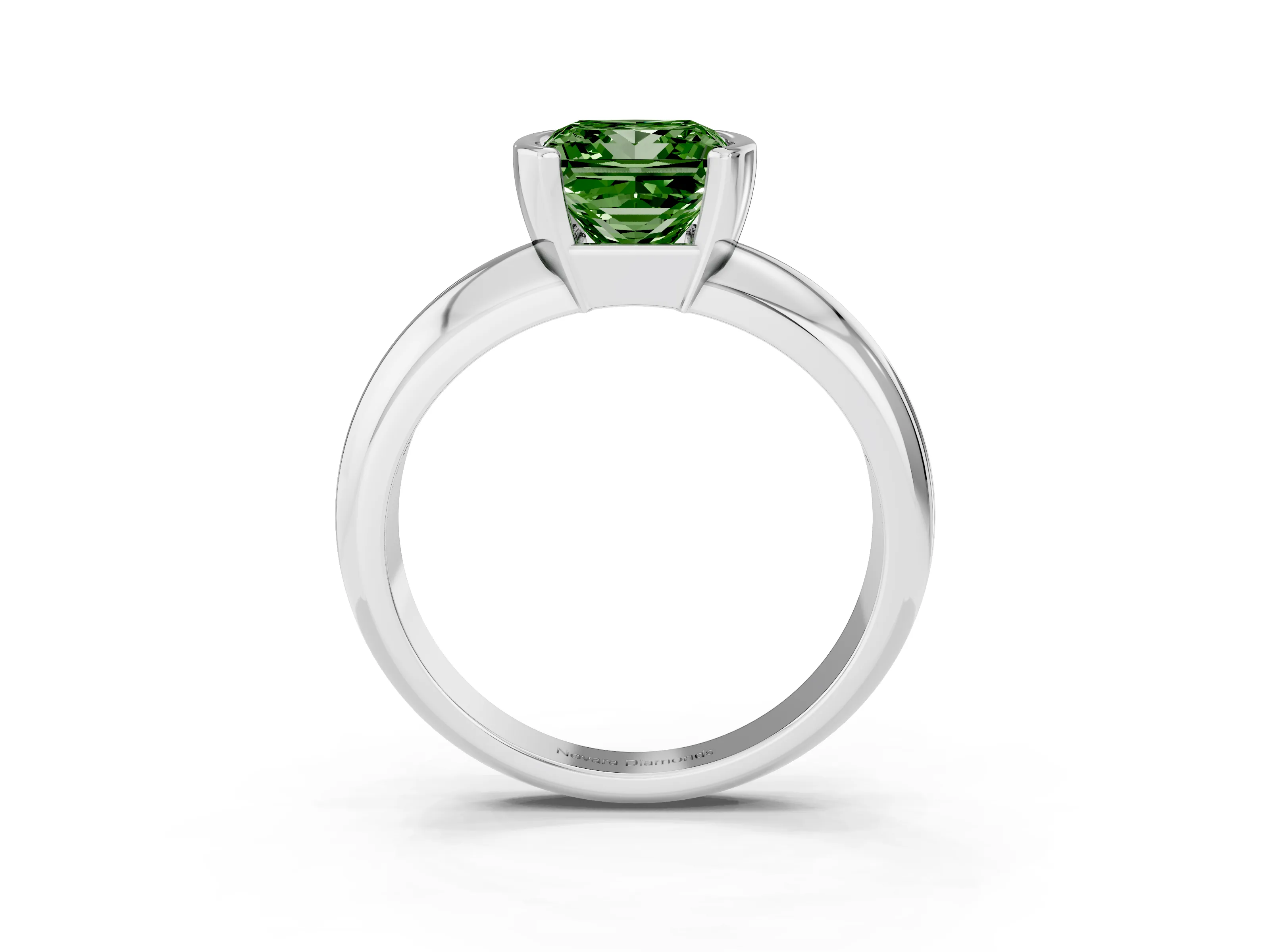 Fancy Green Princess Cut Diamond Solitaire Tension Set Ring Set in White gold with Wide Band