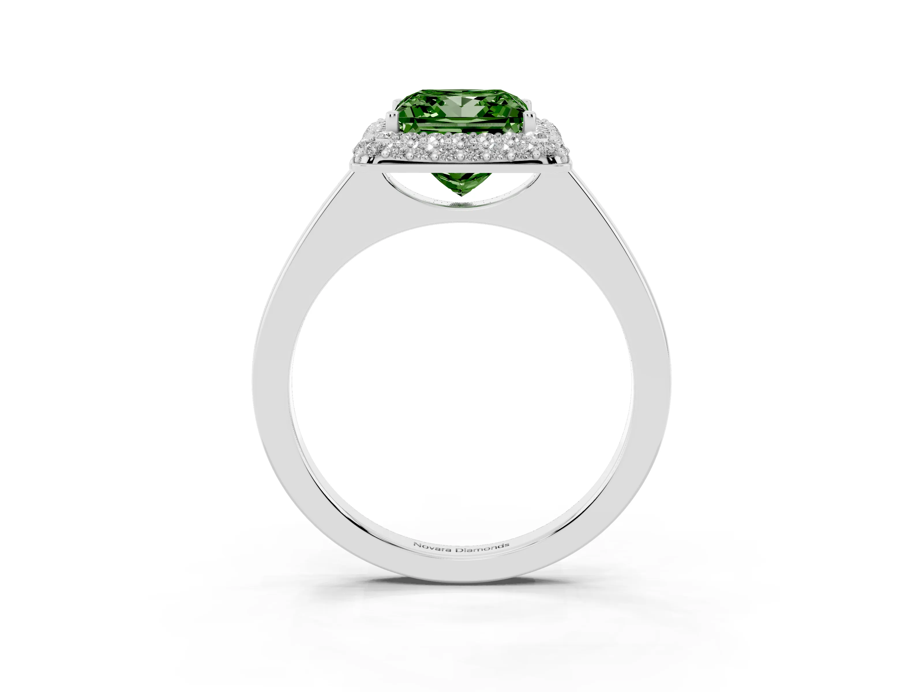 Fancy Green Princess Cut Diamond Halo Engagement Ring Set in White gold with Solitaire Band and Prong Setting